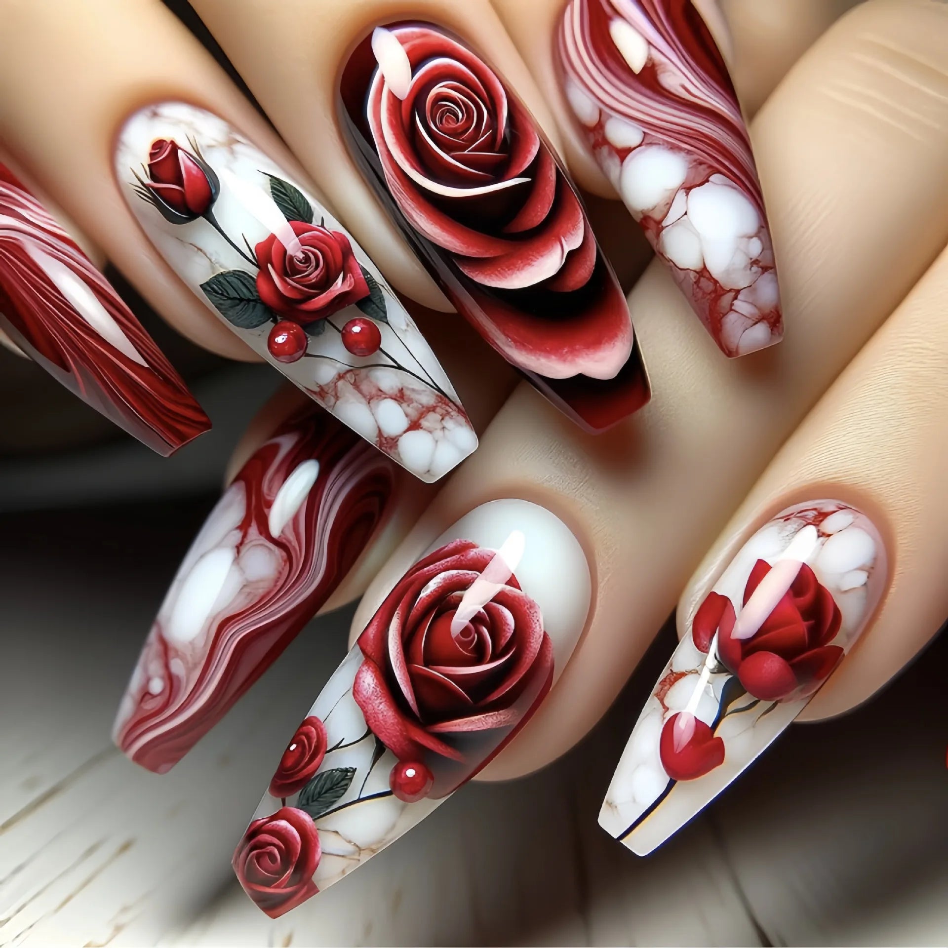 24Pcs Long Ballet False Nails - Dark Red Flower Press on Nails with Stripe French Coffin Design | Romantic Rose Medium Acrylic Fake Nails for Parties, Weddings & Special Occasions