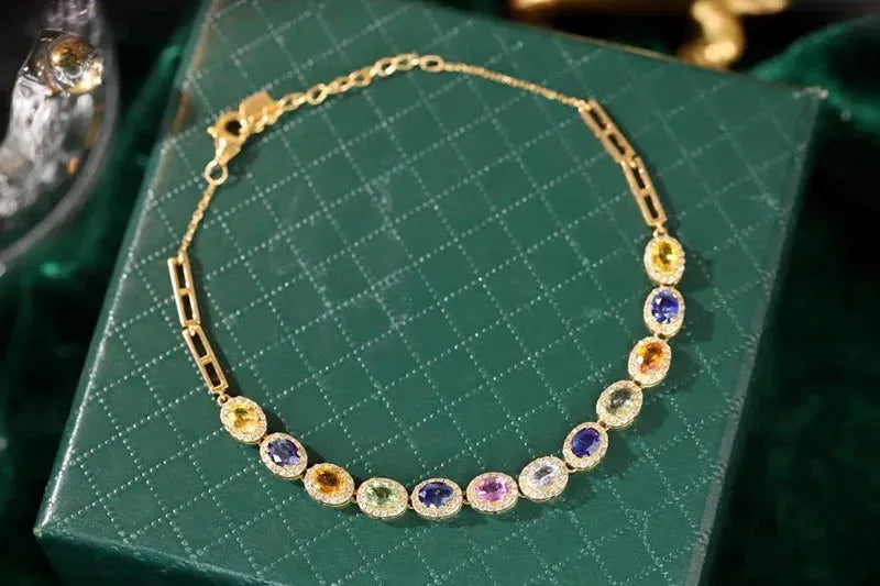 18K Yellow Gold Romantic Rainbow Design Bracelet with Real Natural Diamond & Aquamarine for Women - Perfect for Weddings, Anniversaries & Special Occasions