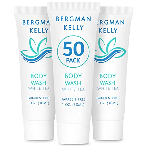 BERGMAN KELLY Travel Size Body Wash 1 fl oz (50 Pack) - White Tea Scented Mini Hotel Toiletries for Guests | Bulk Bath & Shower Gel for Hotels, Spas, Gyms & Travel | Moisturizing & Refreshing Body Cleanser