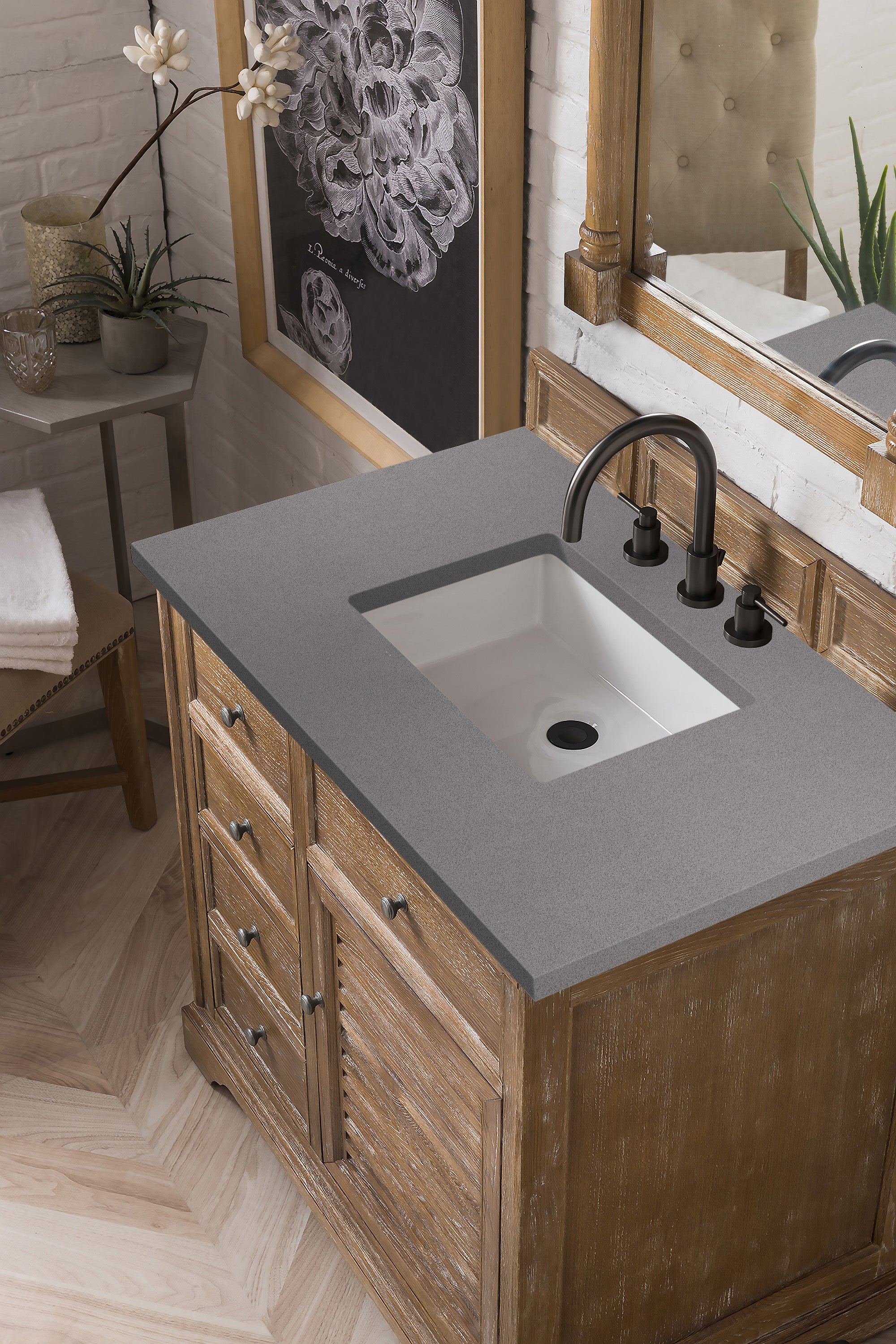 Savannah 36 Inch Single Vanity Cabinet in Driftwood Finish with 3CM Grey Expo Quartz Top - Perfect for Bathroom Remodeling & Modern Home Decor