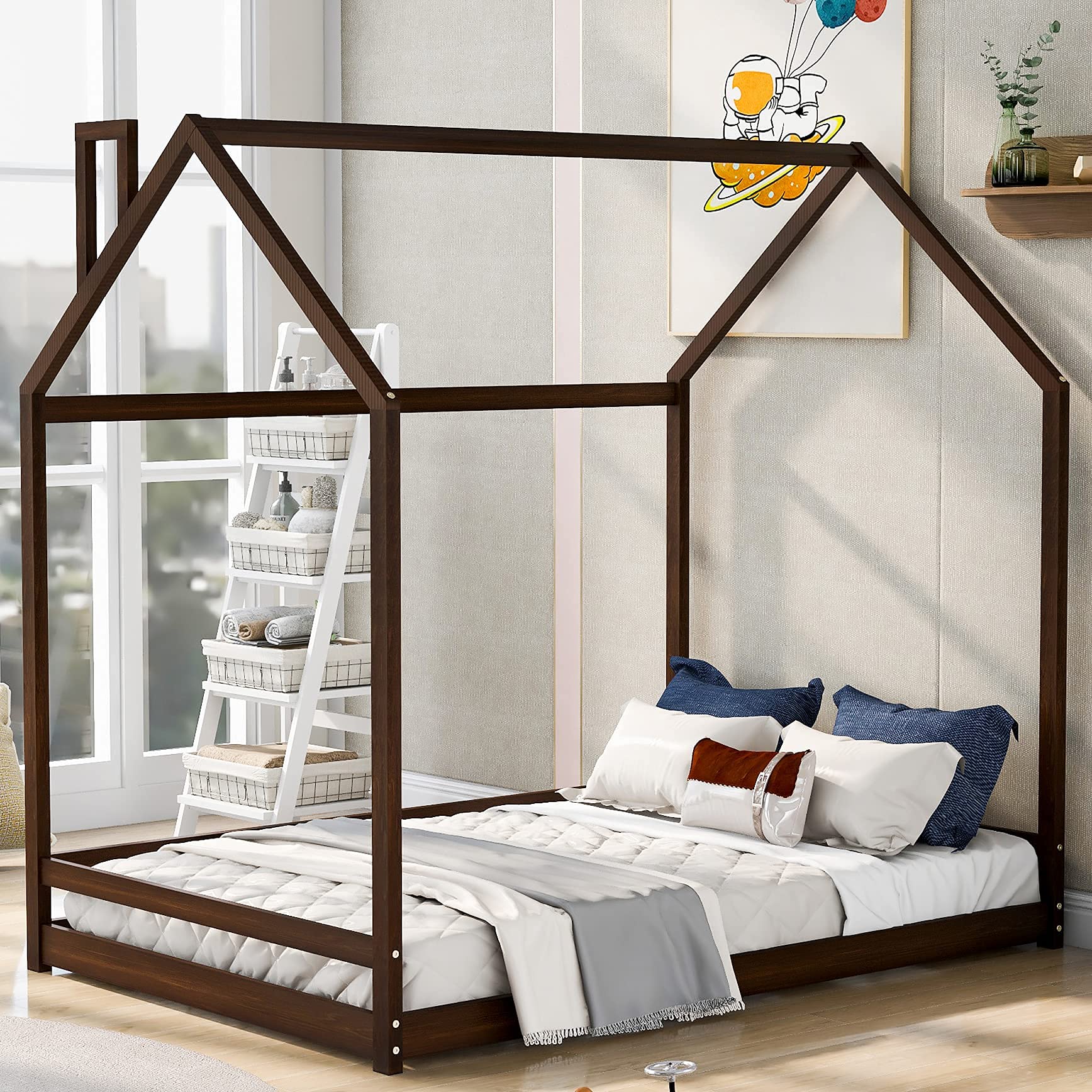 MERITLINE Full Size House Bed Frame with Roof - No Box Spring Needed - Perfect for Kids' Bedrooms, Playrooms & Cozy Reading Nooks