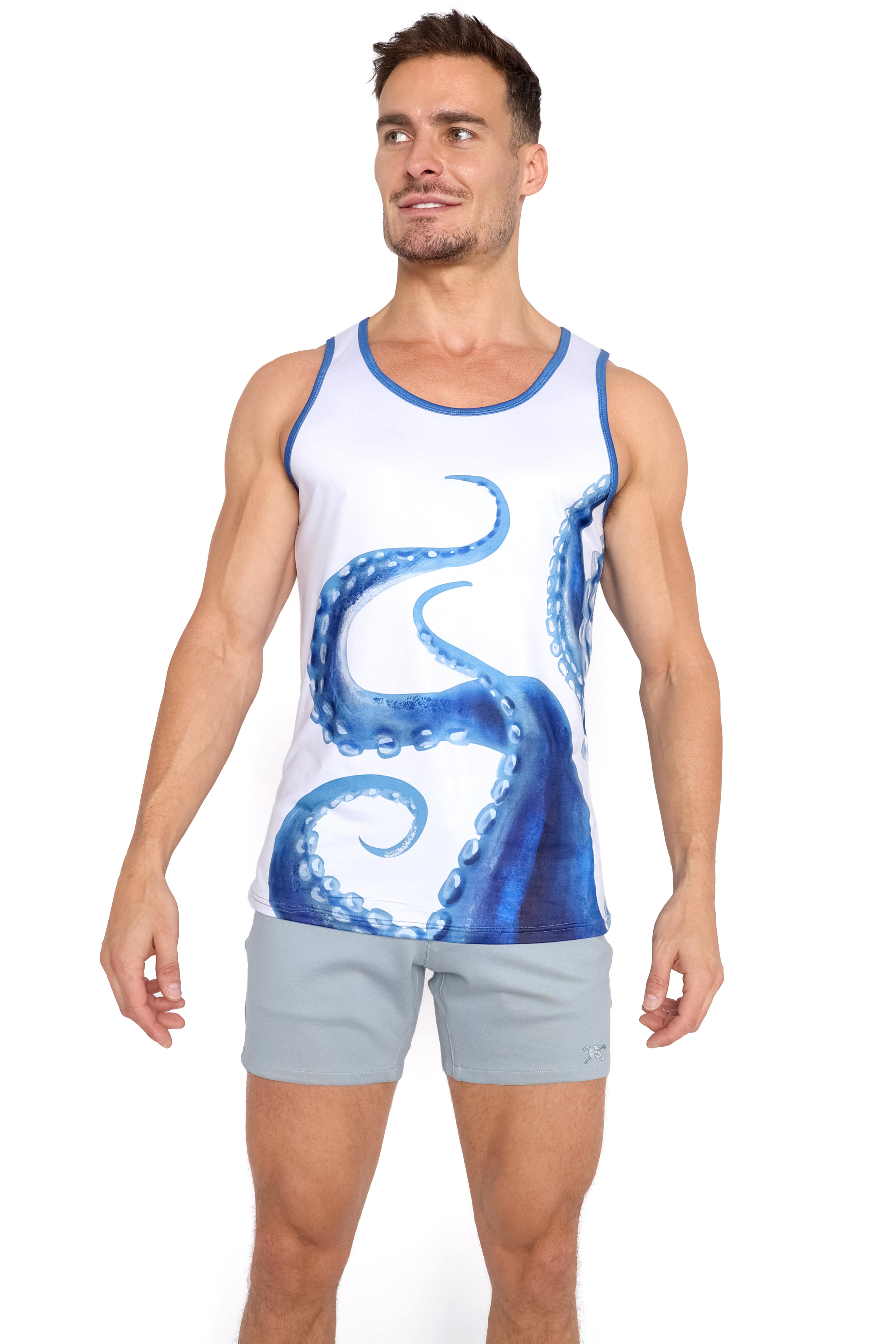 Blue Slate Logo Knit Stretch Shorts for Men - Comfortable Casual Wear for Gym, Running & Everyday Outfits