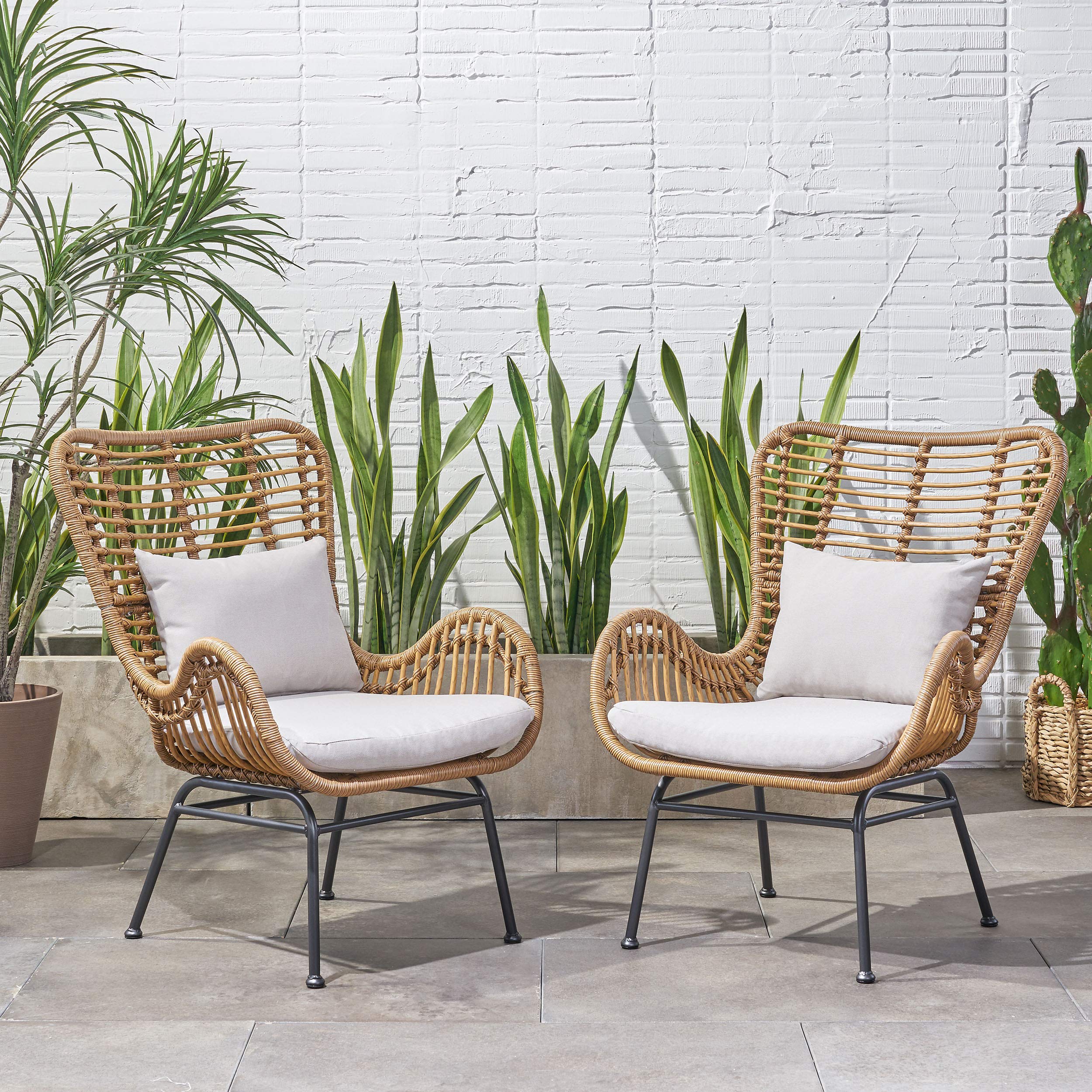 Premium Outdoor Wicker Club Chairs with Cushions (Set of 2) - Light Brown & Beige - Weather-Resistant Patio Furniture for Garden, Poolside & Backyard Relaxation