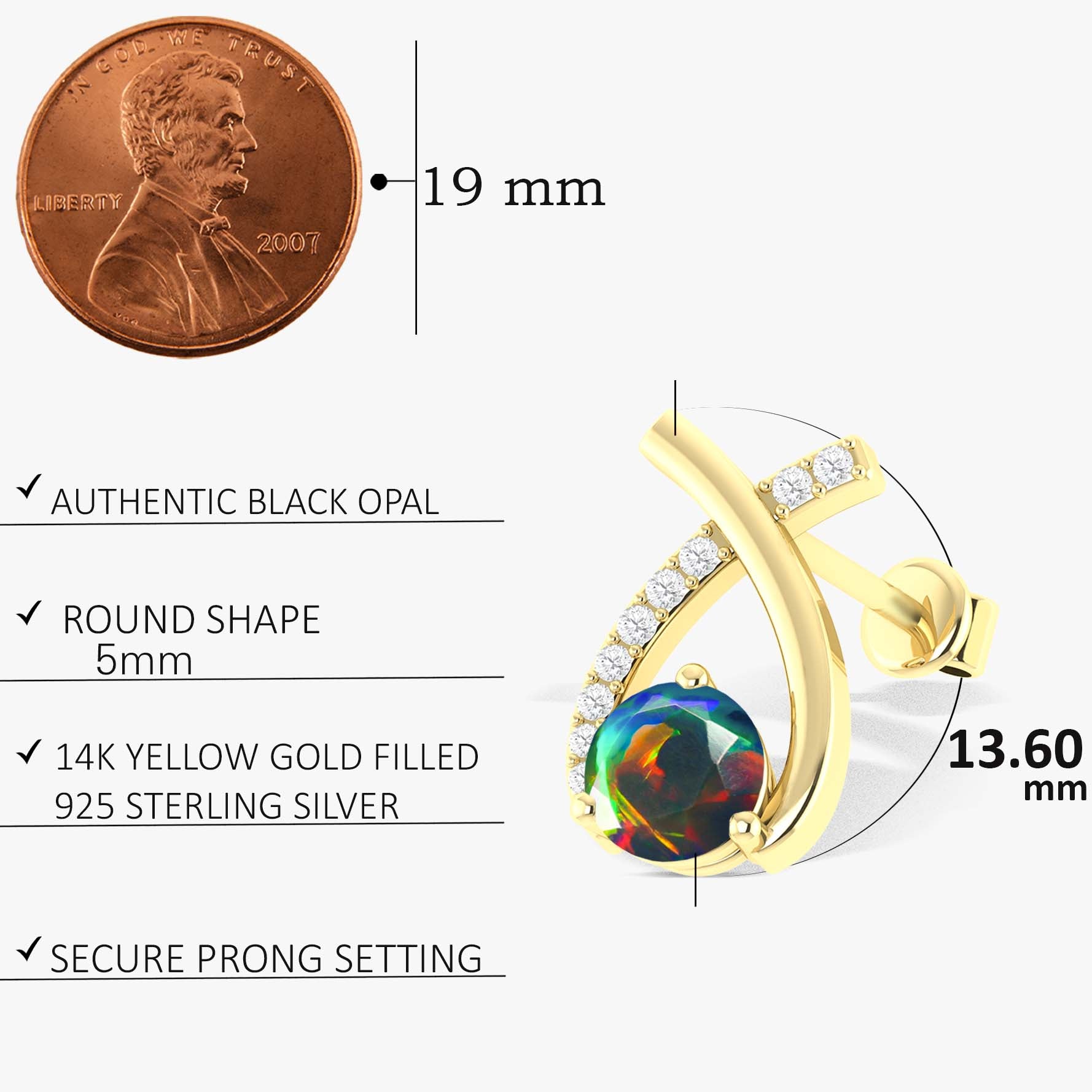 5MM Round Natural Black Opal Stud Earrings for Women - Genuine Australian Opal Jewelry - Perfect for Wedding, Party & Everyday Wear
