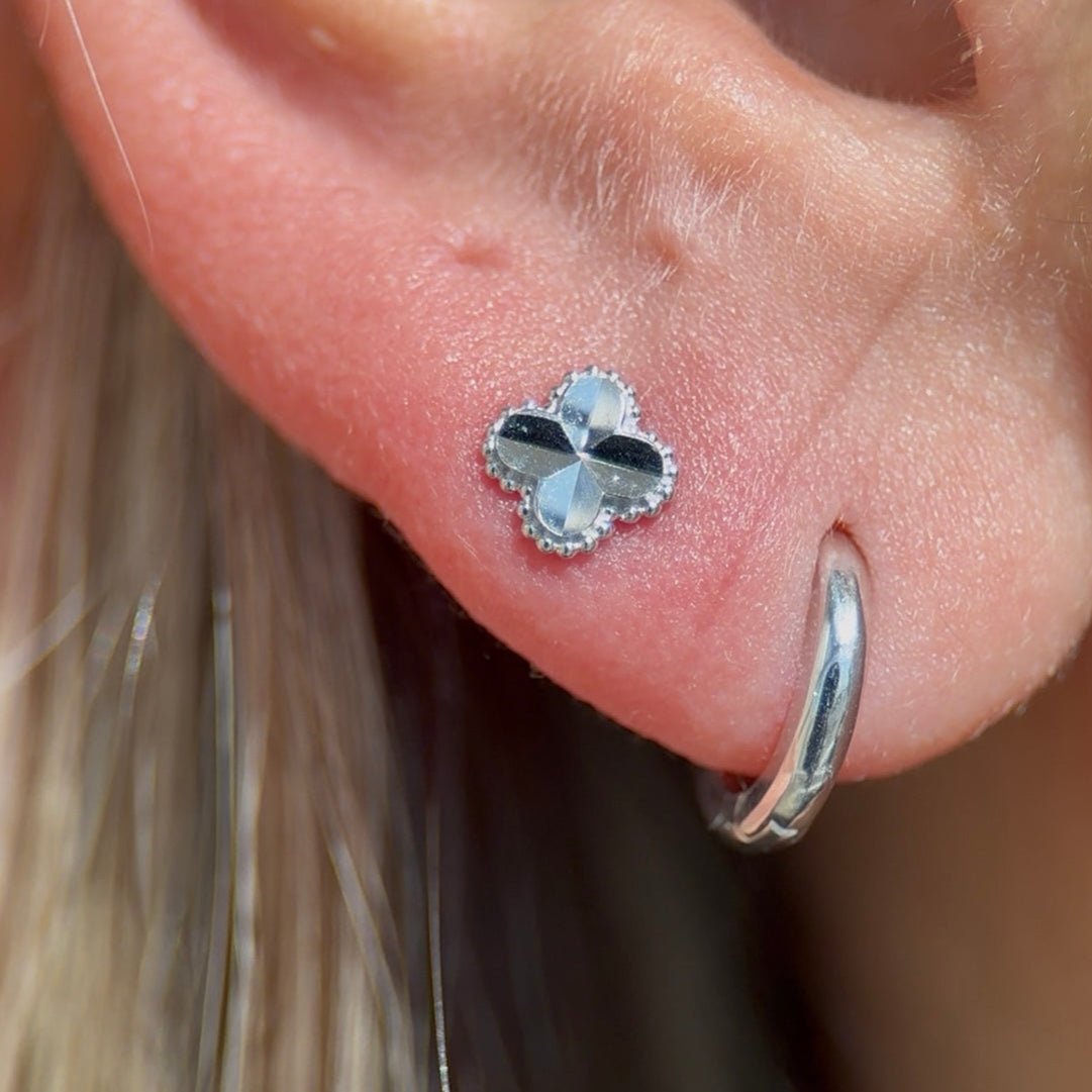 14K White Gold Diamond Cut Clover Stud Earrings - Flat Back for Secure Fit, Perfect for Everyday Wear & Special Occasions