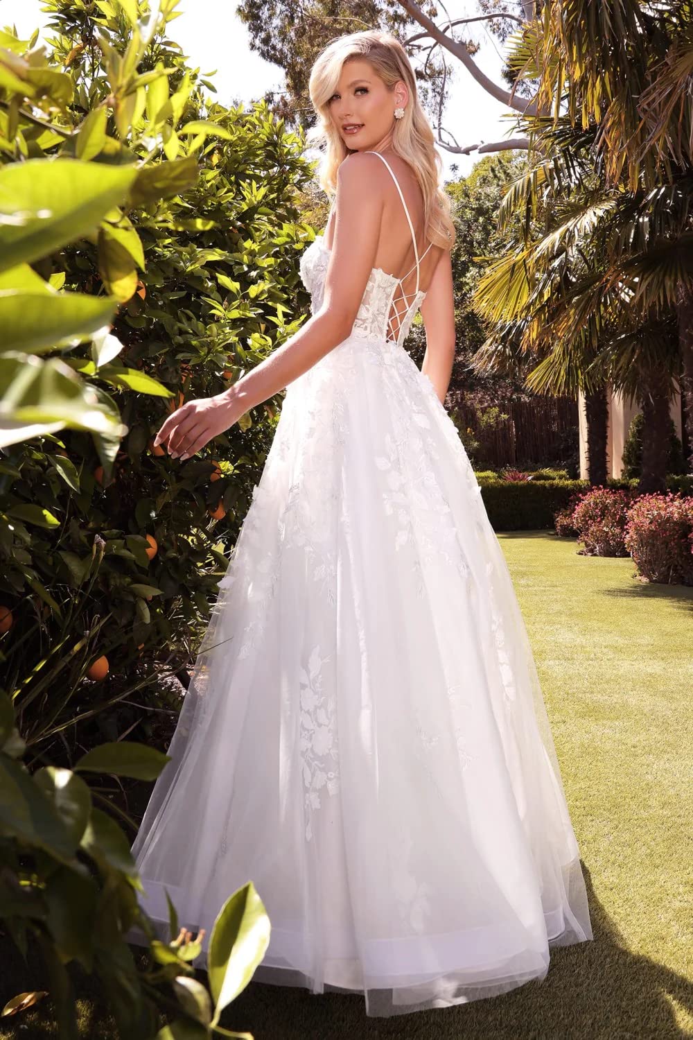 XYAYE Backless Lace Tulle Wedding Dress with Train - Spaghetti Strap Bridal Gown for Bride | Perfect for Beach, Church & Outdoor Ceremonies