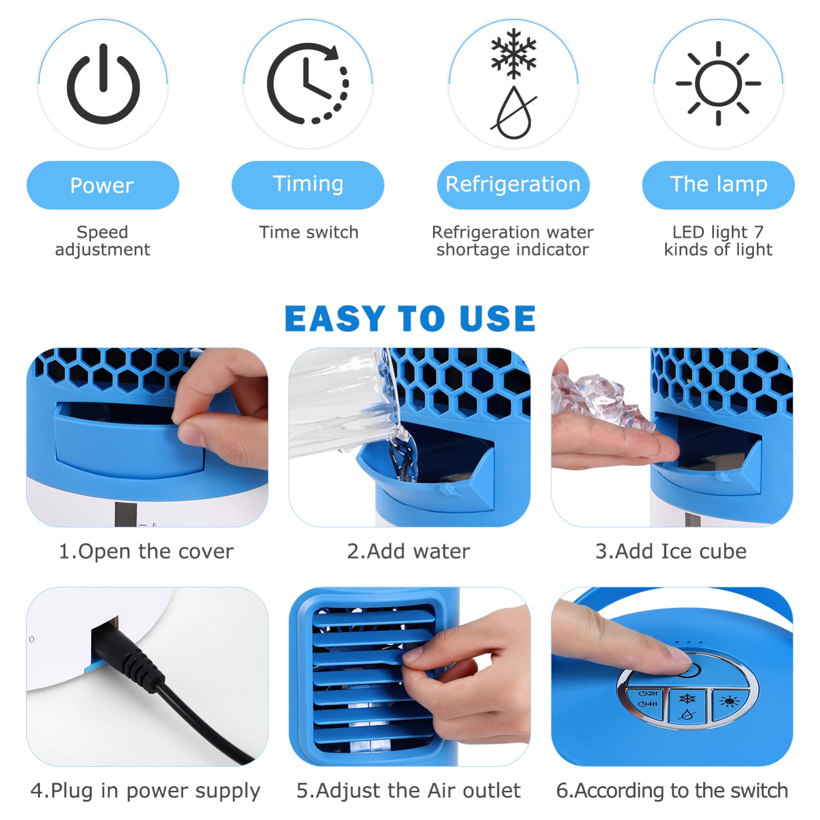BESPORTBLE Portable Mini Air Cooler Fan - Personal Space Cooler, Compact Desktop Table Fan with US Plug, Quiet Cooling for Home Office & Bedroom (Blue) - Perfect for Summer, Travel & Small Spaces