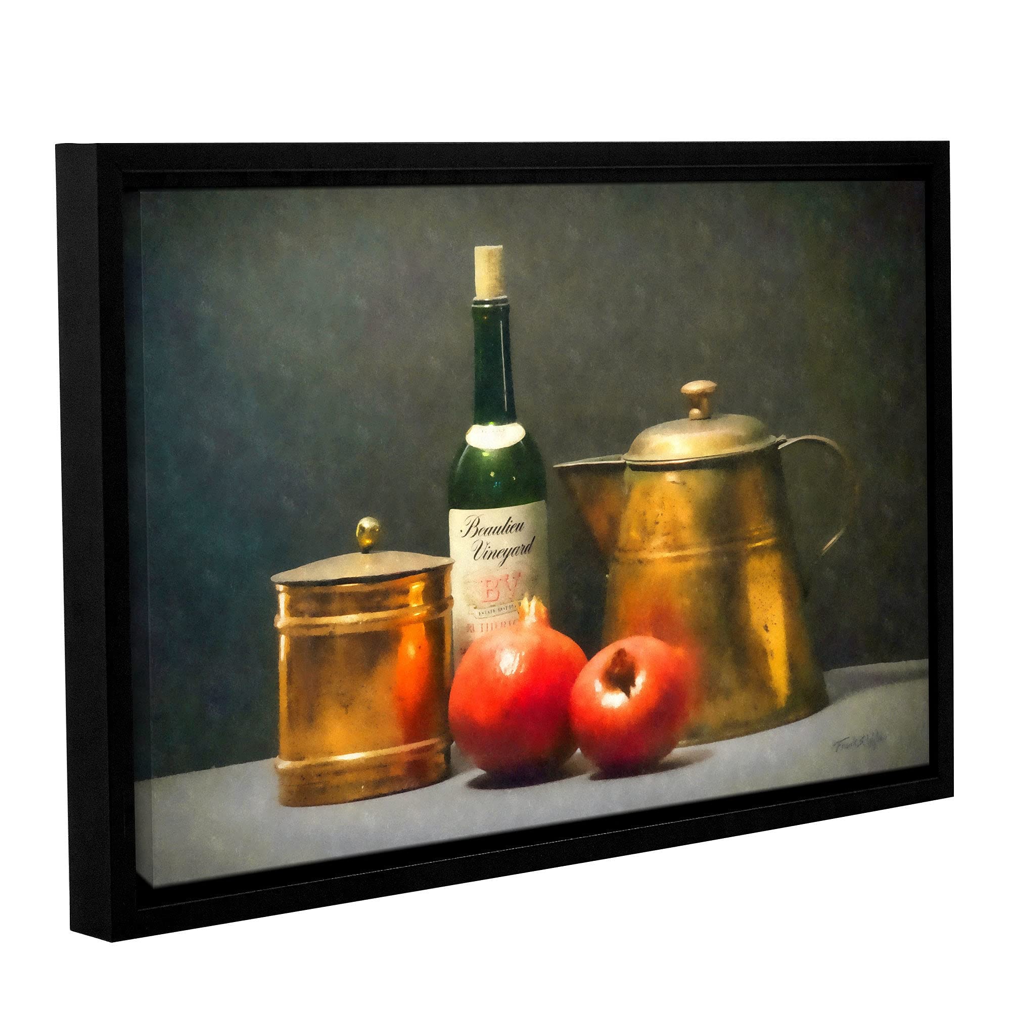 ArtWall Frank Wilson's 'Wine Bottle and Copper Pots' Gallery Wrapped Canvas Art Print 24x36 - Floater Framed Wall Decor for Kitchen, Dining Room & Home Bar