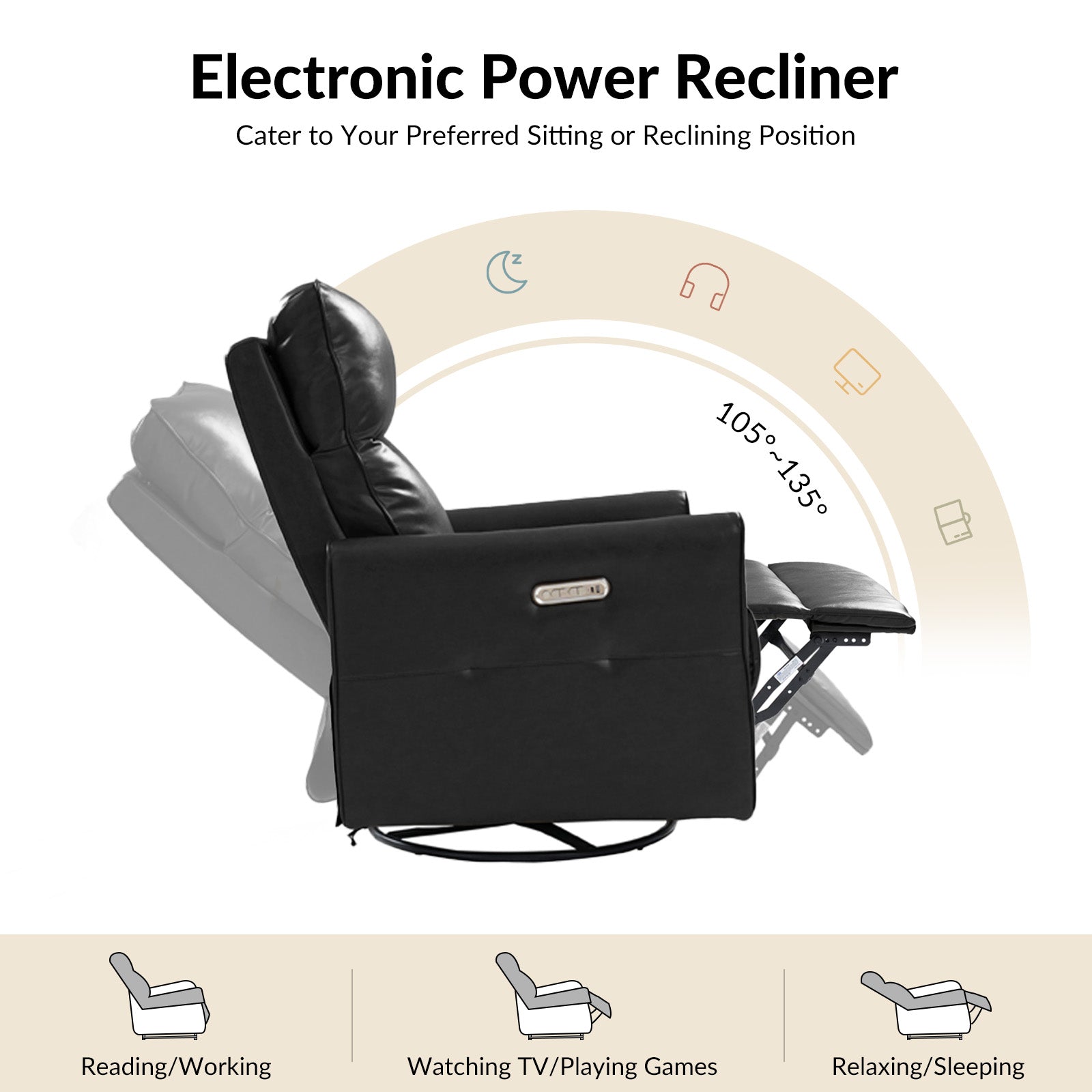 Modern Faux Leather Power Swivel Recliner Chair with USB Charging & Adjustable LED Reading Lamp - Perfect for Home Theater, Living Room & Office Relaxation