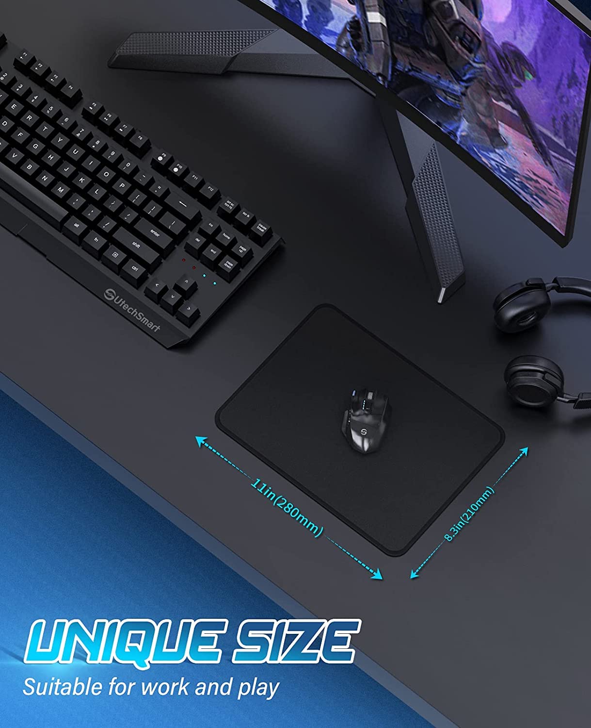 UtechSmart Large Gaming Mouse Pad - Non-Slip Rubber Base, Stitched Edges & Washable Micro-Weave Cloth Surface - Perfect for Office, Home & Esports (Black) | Ideal for PC Gaming, Work from Home & Computer Use
