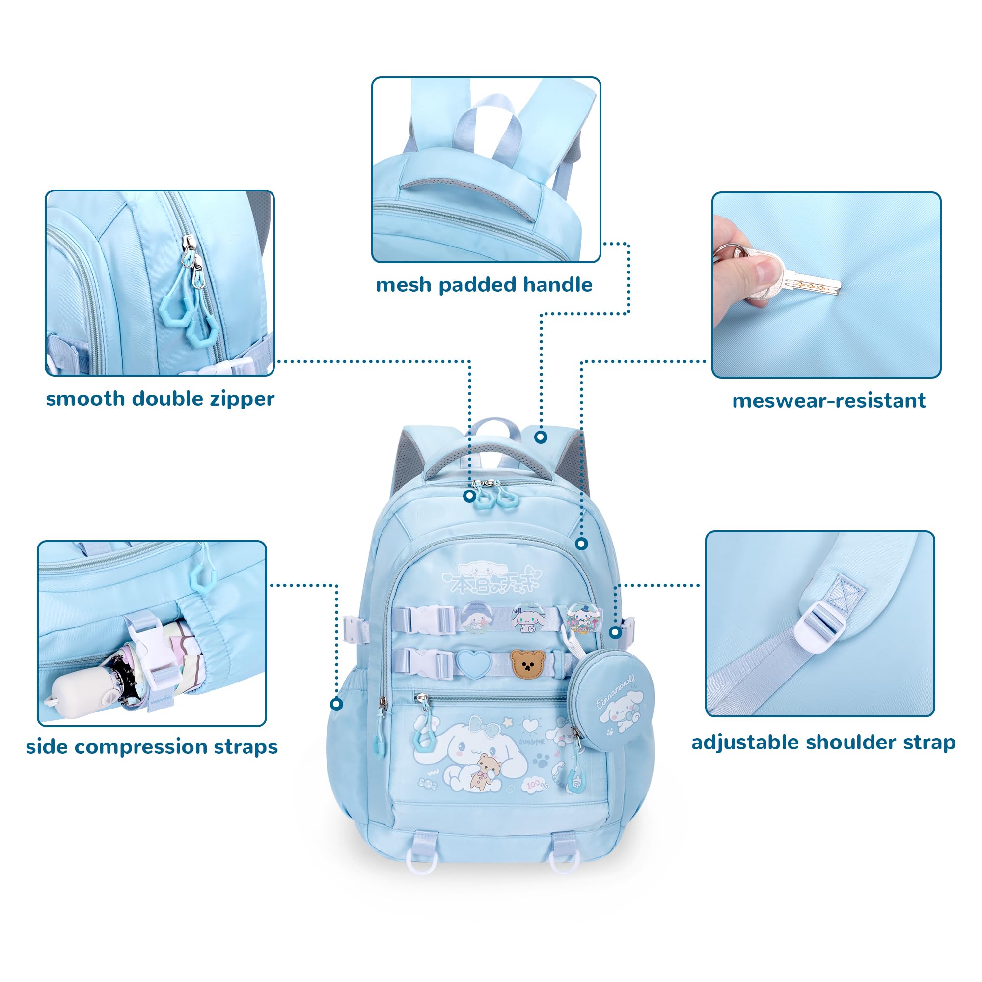 Cinnamoroll Anime Backpack for Girls - Kawaii School Bag with 12 Pcs Accessories, Anti-Theft Laptop Compartment, Cute Pins | Aesthetic Travel Daypack for Students, College, Work & Daily Use