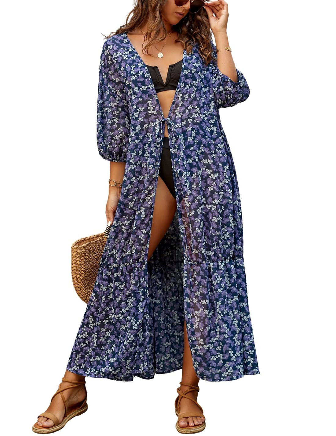 AILUNSNIKA Women's Floral Print Chiffon Kimono Cardigan Cover Up - Lightweight Open Front Swimsuit Cover with Drawstring - Perfect for Beach, Pool, and Summer Vacation