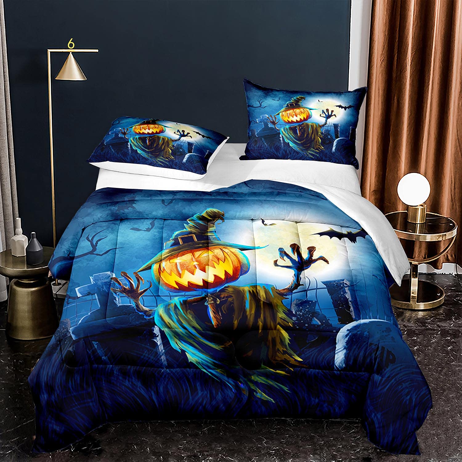 Halloween King Size Comforter Set - Pumpkin, Scarecrow, Cemetery & Bat Design, 1 Comforter + 2 Pillow Shams | Spooky Bedroom Decor for Halloween Parties & Themed Rooms