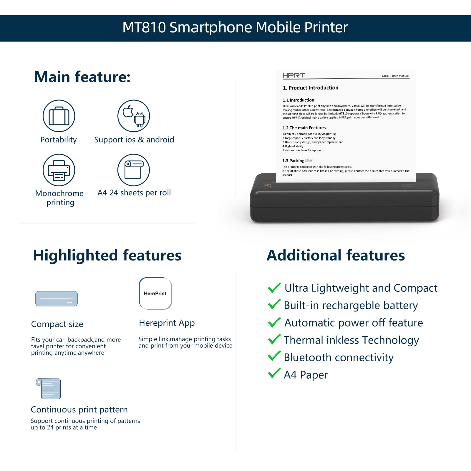 HPRT MT810 Portable Wireless Bluetooth Thermal Printer for Receipts & Labels - Includes 2 Rolls (8.3