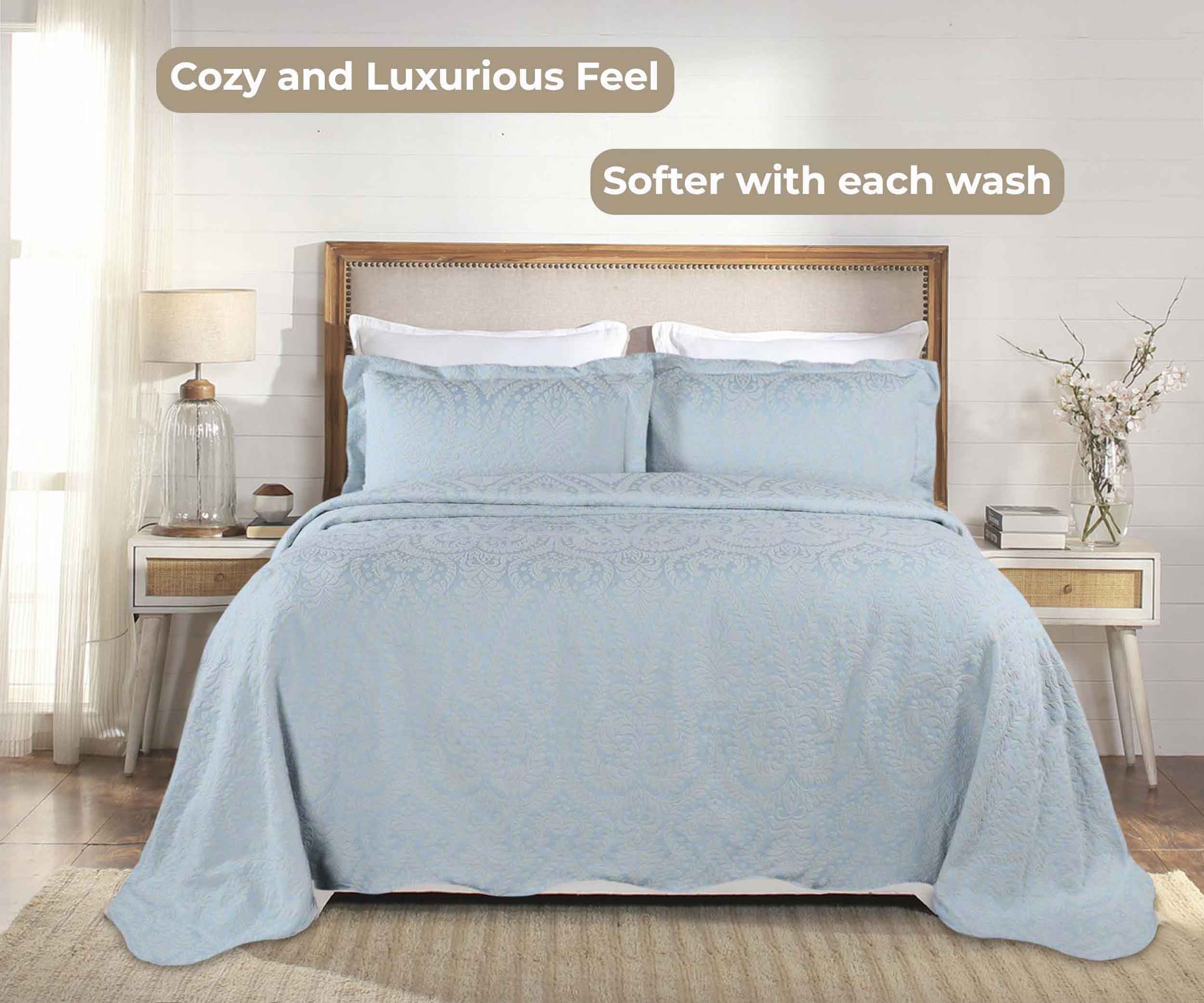 Premium Aspen Cotton Blend Jacquard Woven Floral Bedspread Set with Scalloped Edges - Queen Size Luxury Bedding for Master Bedroom & Guest Room Decor