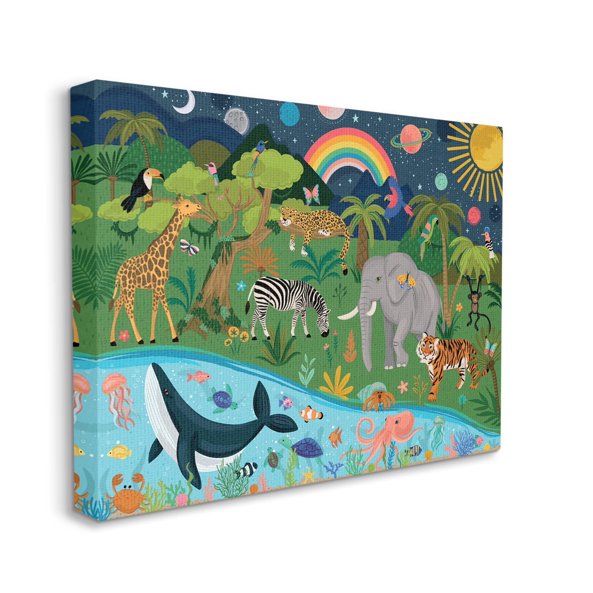Stupell Industries Jungle Animals & Sea Creatures Wall Art Under Night Sky with Planets - Designed by Lisa Perry - White Framed Canvas Print for Kids Room, Nursery, or Playroom Decor