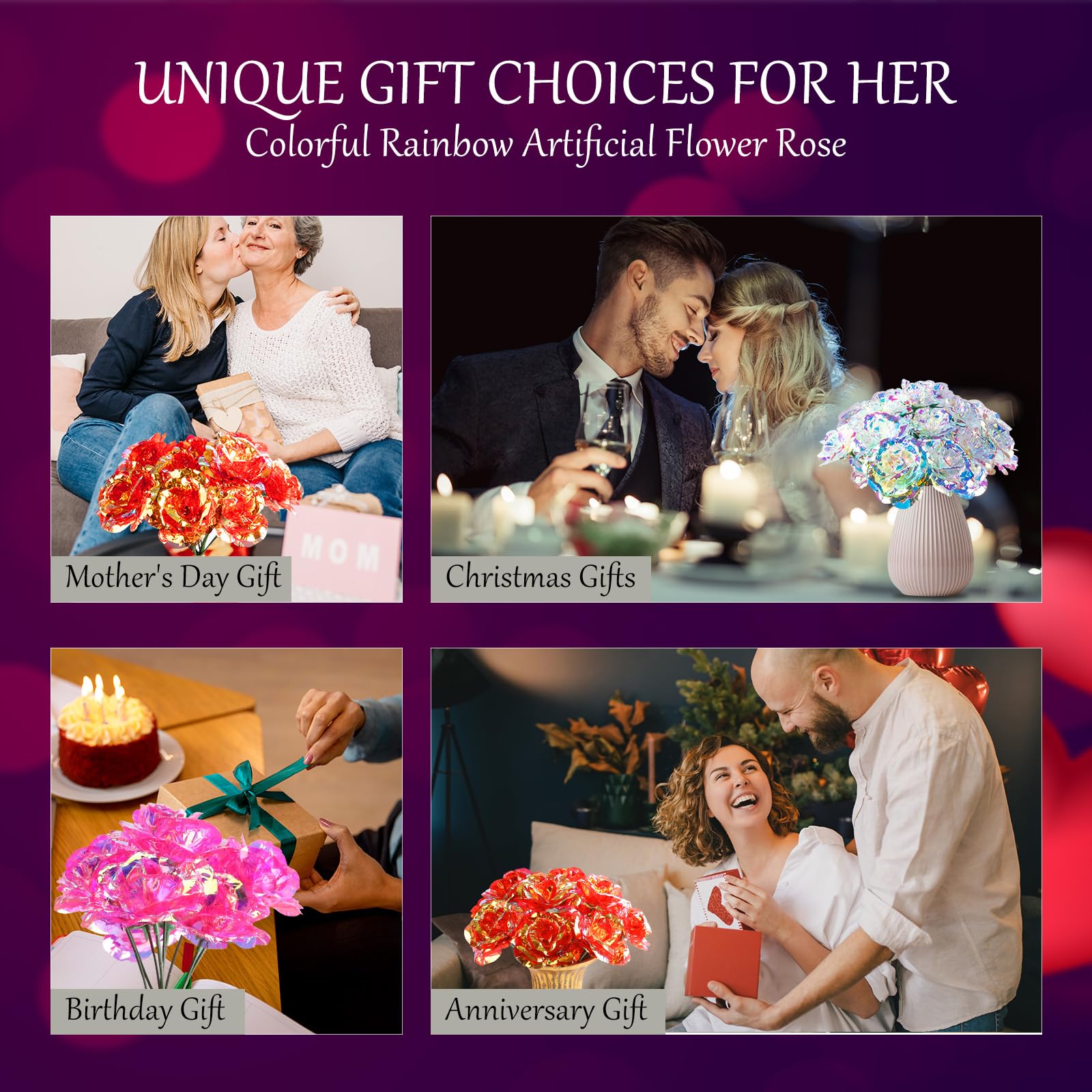 16Pcs Artificial Pink Galaxy Roses with Glitter - Forever Rainbow Rose Bouquet Gift Set for Women, Mom, Sister, Wife, Daughter - Perfect for Wedding, Birthday, Anniversary, Mother's Day Decorations & Romantic Home Decor