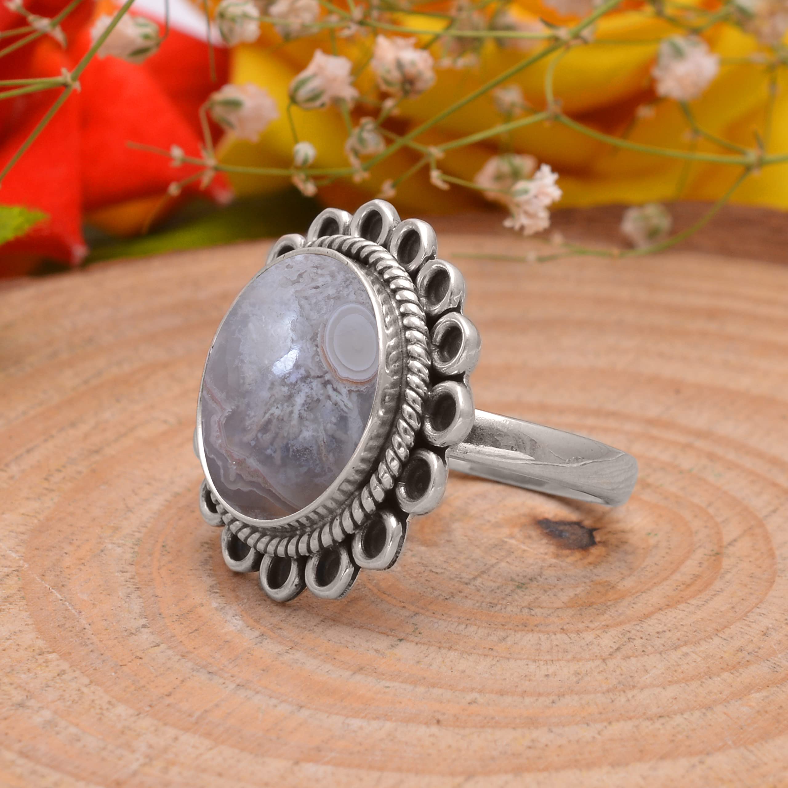 Veracity Jewelry Crazy Lace Agate Rings for Women - 925 Sterling Silver Healing Meditation Rings with Natural Brown White Gemstone - VSR-670 | Spiritual Jewelry, Yoga Accessories, Gift for Her