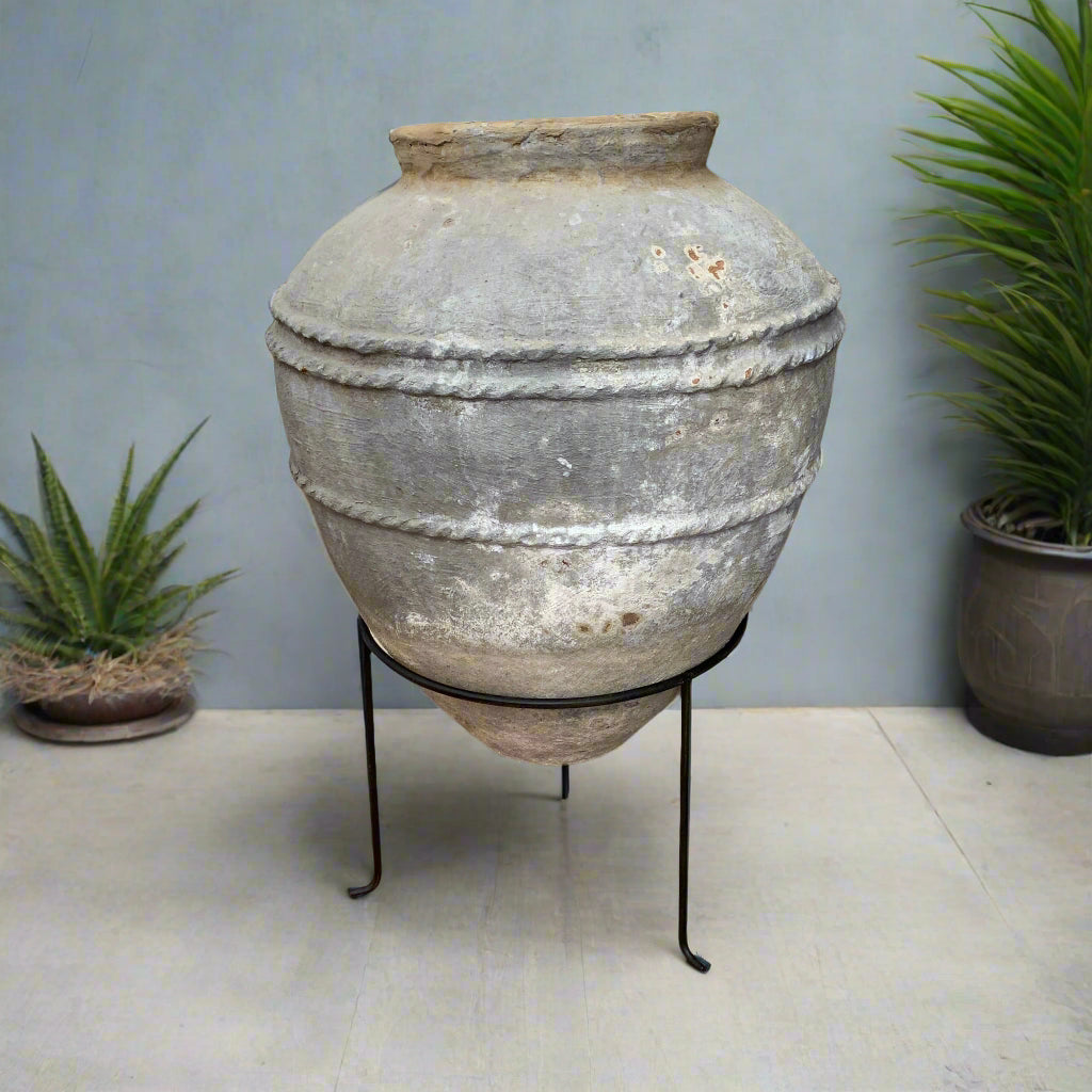 Textured Terracotta Flower Pot with Drainage Hole and Wooden Stand - Perfect for Indoor Plants, Succulents, and Home Decor
