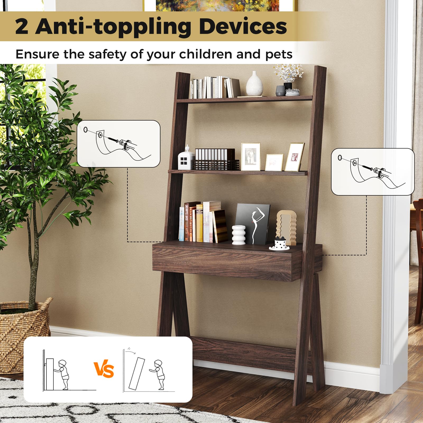 Tangkula Wall-Leaning Ladder Desk with Countertop & Drawer - Compact Home Office Computer Table with Open Shelves & Anti-Tip Kits - Space Saving Workstation for Small Rooms, Apartments & Dorm Rooms - Perfect for Remote Work, Study & Writing (Walnut)