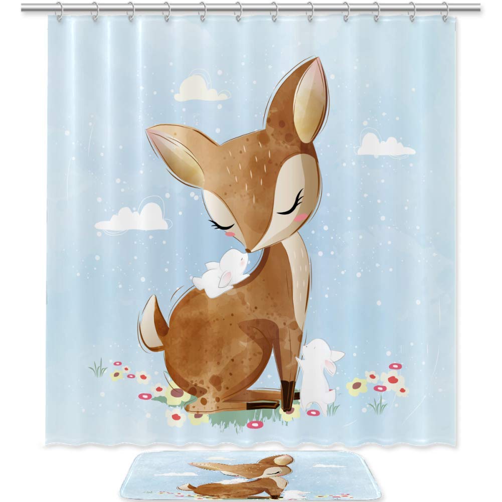 Anna Cowper Waterproof Shower Curtain Set - 72 Inch Cute Deer & Friends Bathroom Decor with Matching Bath Mat & 12 Hooks | Rustic Forest Theme for Kids & Adults Bathroom