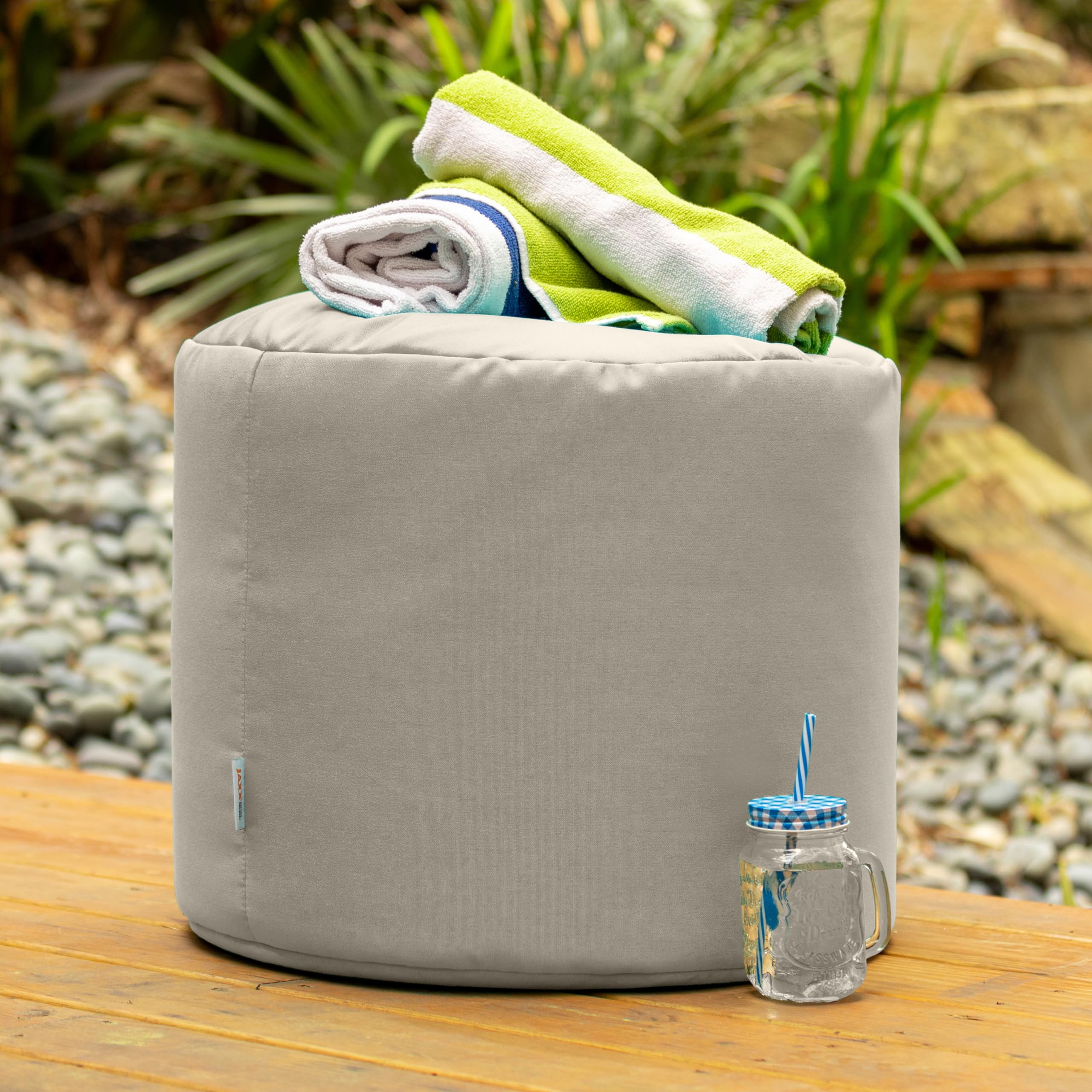 Jaxx Spring Outdoor Ottoman and Side Table with Premium Sunbrella Fabric in Flax Color - Perfect for Patio, Garden, and Poolside Relaxation