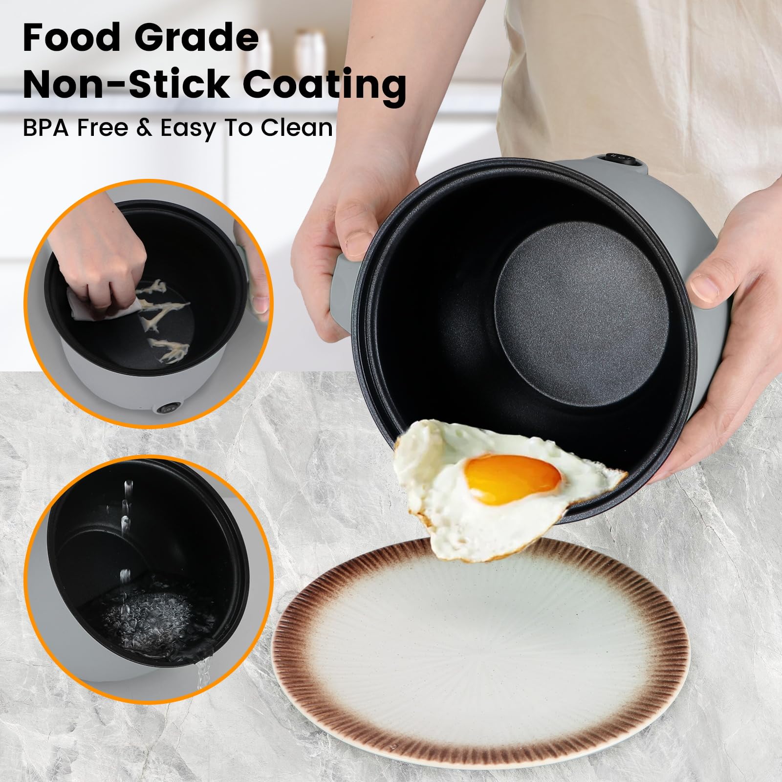 1.8L Electric Hot Pot with Steamer - Portable Mini Self-Heating Cooker for Noodles, Ramen, Pasta, Steak & Shabu Shabu | Non-Stick Gray Pot for Dorm, Office & Travel | Fast Cooking & Easy Clean
