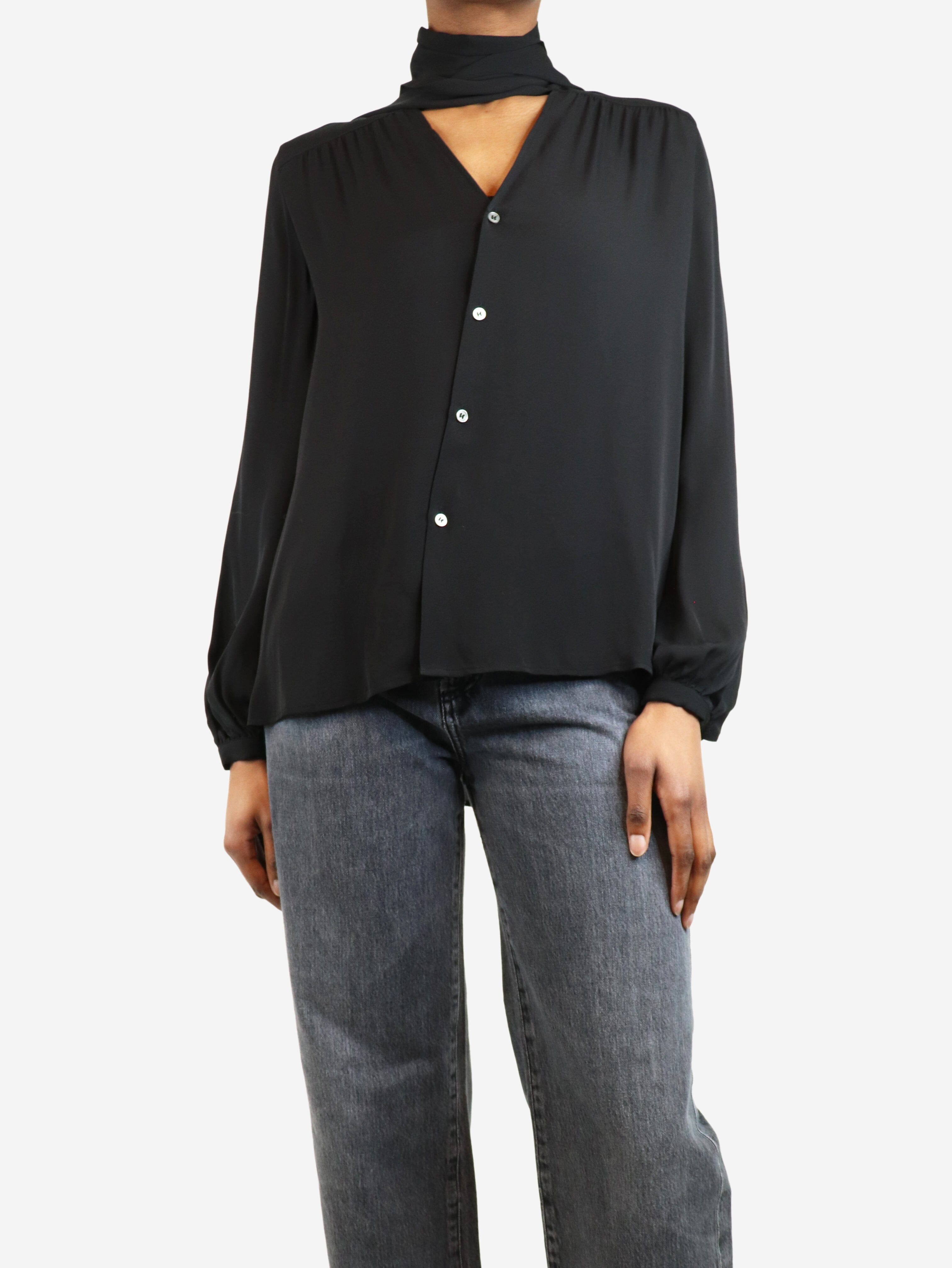 Elegant Black Silk Tie Neck Blouse for Women - Size XS | Perfect for Office Wear, Evening Parties & Formal Events