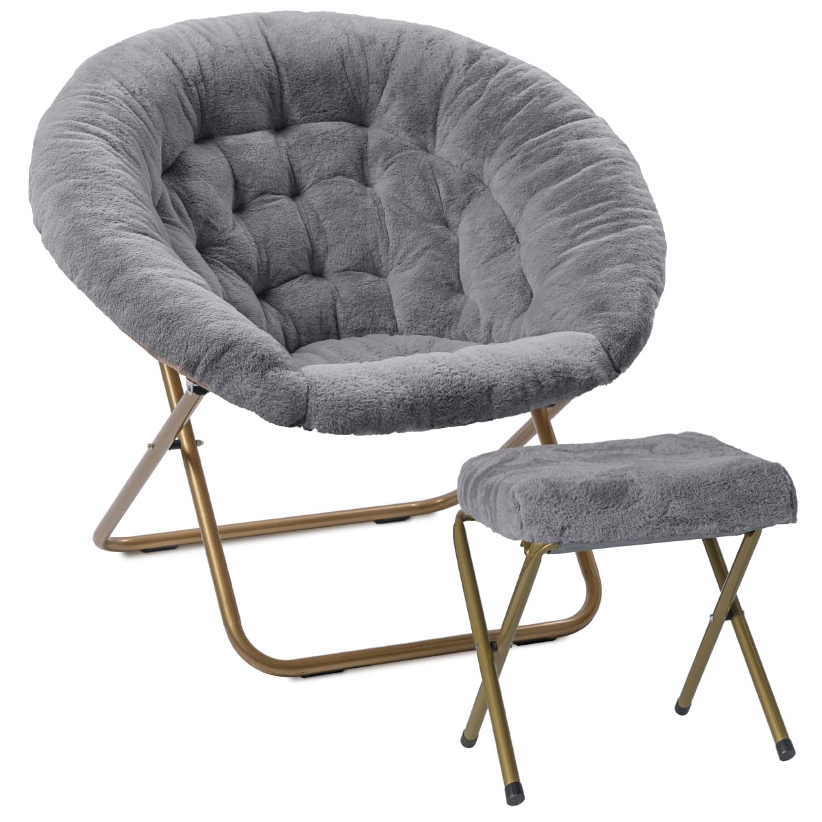 Milliard Extra Large Cozy Chair with Footrest Ottoman - Faux Fur Saucer Chair for Bedroom, Living Room & Dorm - Grey - Perfect for Relaxing, Reading & Lounging