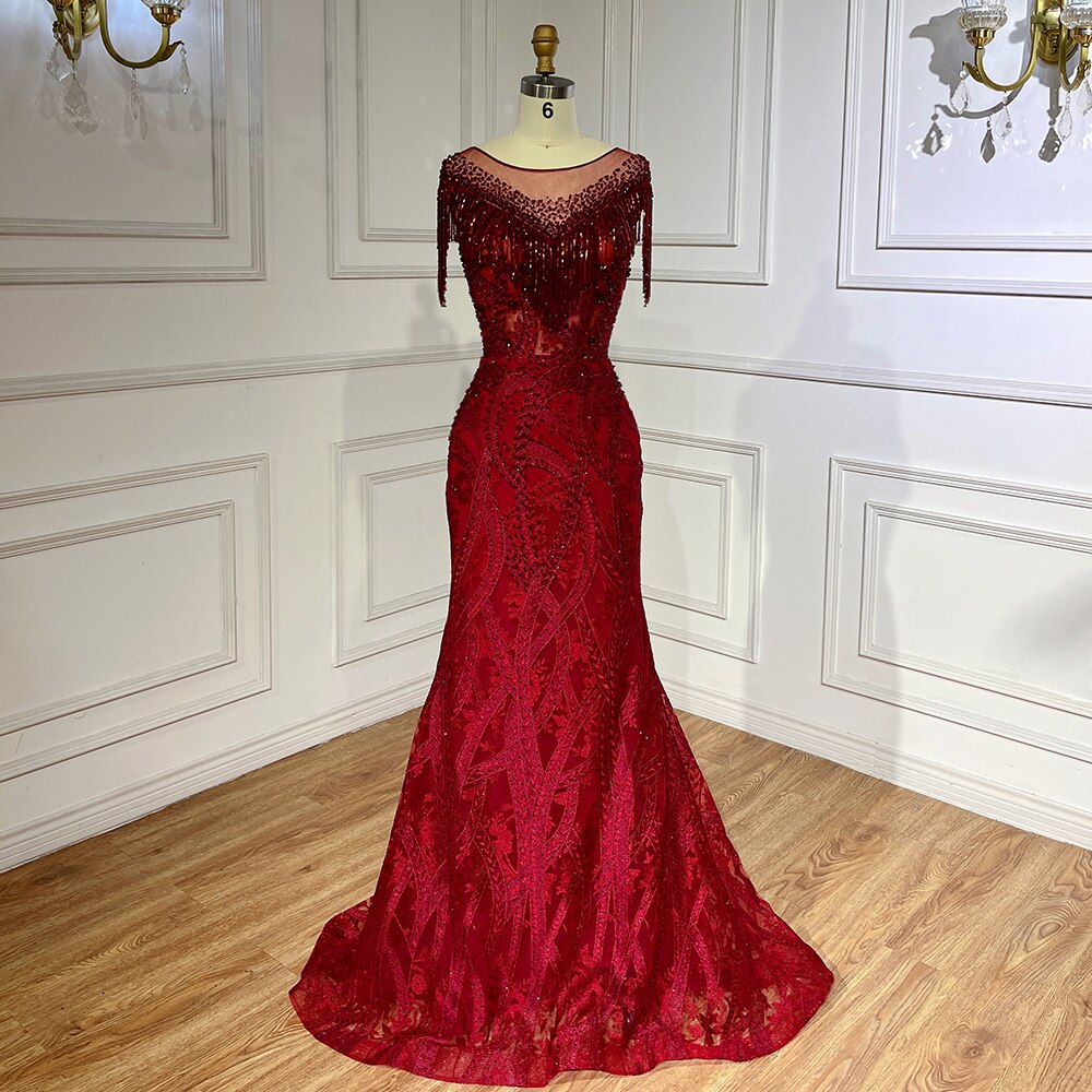 Serene Hill Elegant Wine Red Mermaid Lace Beaded Tassel Evening Dress - Luxury Arabic Style Wedding Gown for Women 2025 | Perfect for Formal Parties, Bridal Events & Special Occasions