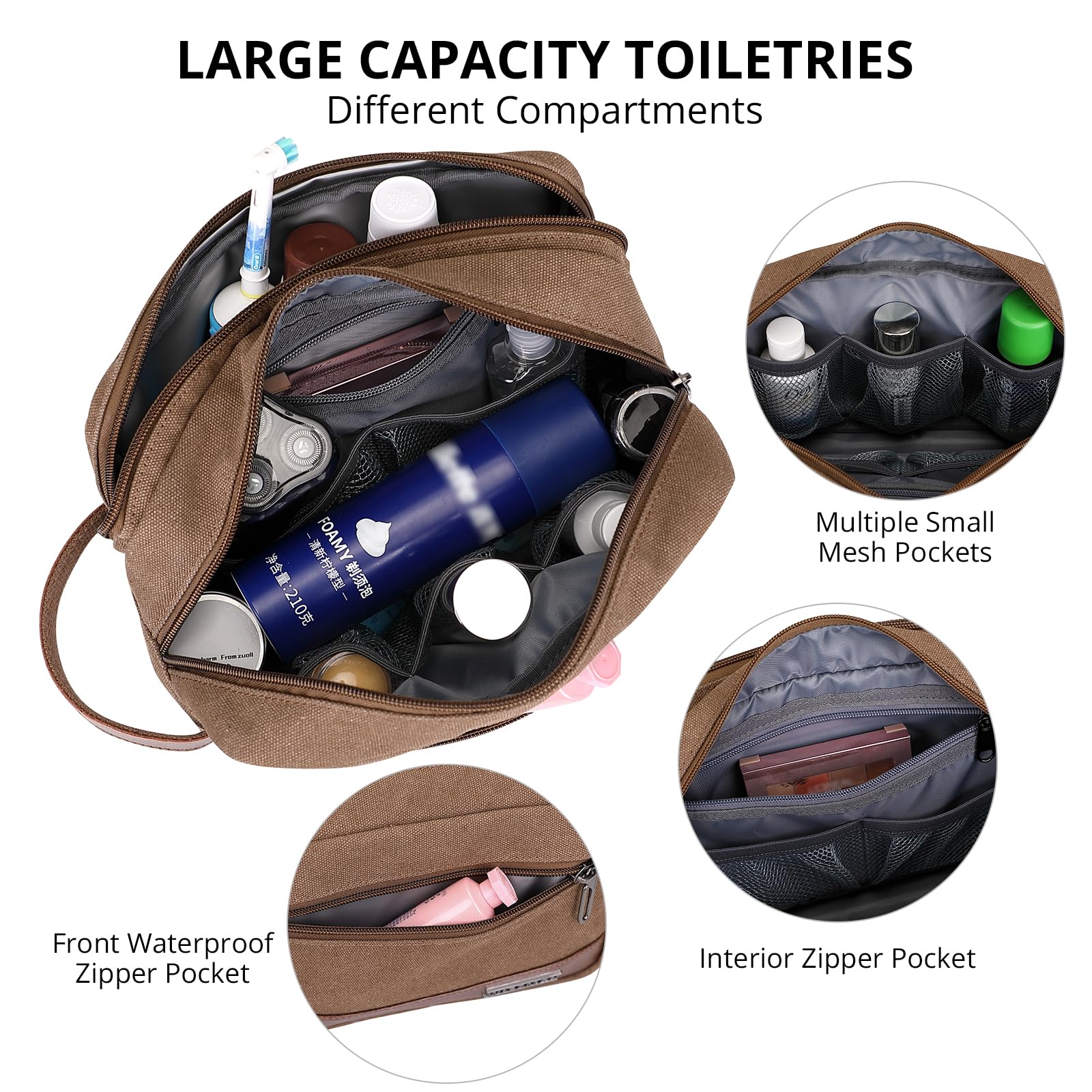 WITZMAN Water-Resistant Hanging Toiletry Bag for Men - Travel Dopp Kit Organizer with Wet Pocket, Durable Canvas Bathroom Bag (A8001 Brown) - Perfect for Camping, Gym & Business Trips