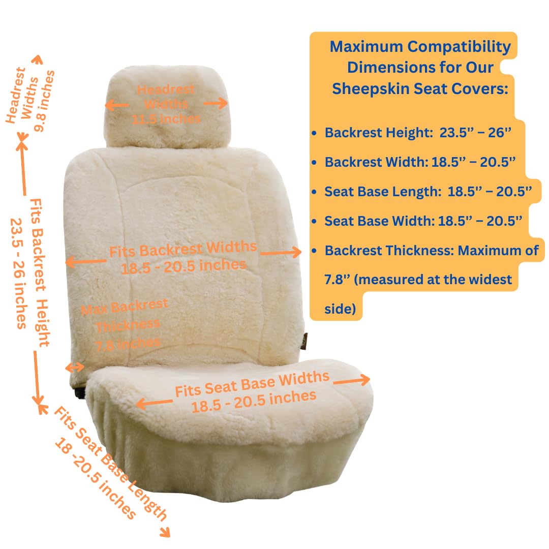 Genuine Sheepskin Car Seat Covers - Premium Lambskin Winter Seat Covers with Fuzzy Shearling & Curved Design (Beige) | Soft & Warm Front Seat Protectors for Cars, Trucks & SUVs - Perfect for Cold Weather Commuting & Road Trips
