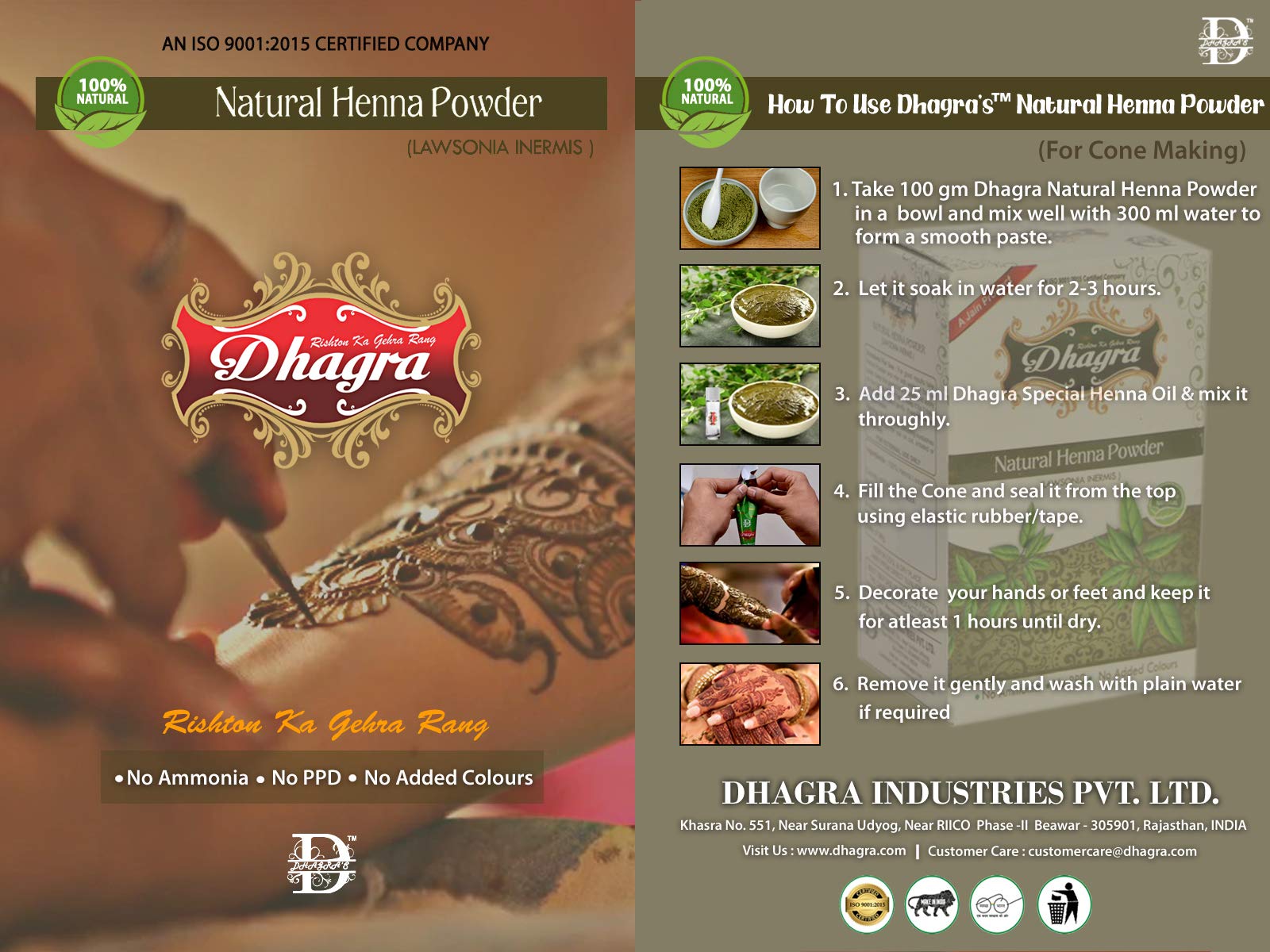 Dhagra's 100% Natural Henna Powder for Hair & Body Art - 250g (Pack of 3) | Safe, Organic Mehndi Dye for Bridal, Festivals & DIY Tattoos