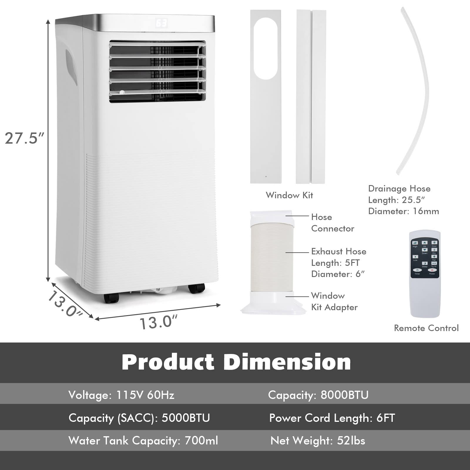 GOFLAME 8000BTU Portable Air Conditioner - 3-in-1 Cooling Fan, Dehumidifier & Air Cooler with Remote Control | Quiet Sleep Mode, 2 Speed Settings, 24H Timer | Includes Window Kit for Home, Office, Bedroom & Small Spaces (White)