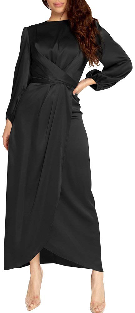 Elegant Women's Empire Waist Long Sleeve Satin Maxi Dress for Evening Gala, Wedding Guest, or Formal Occasions