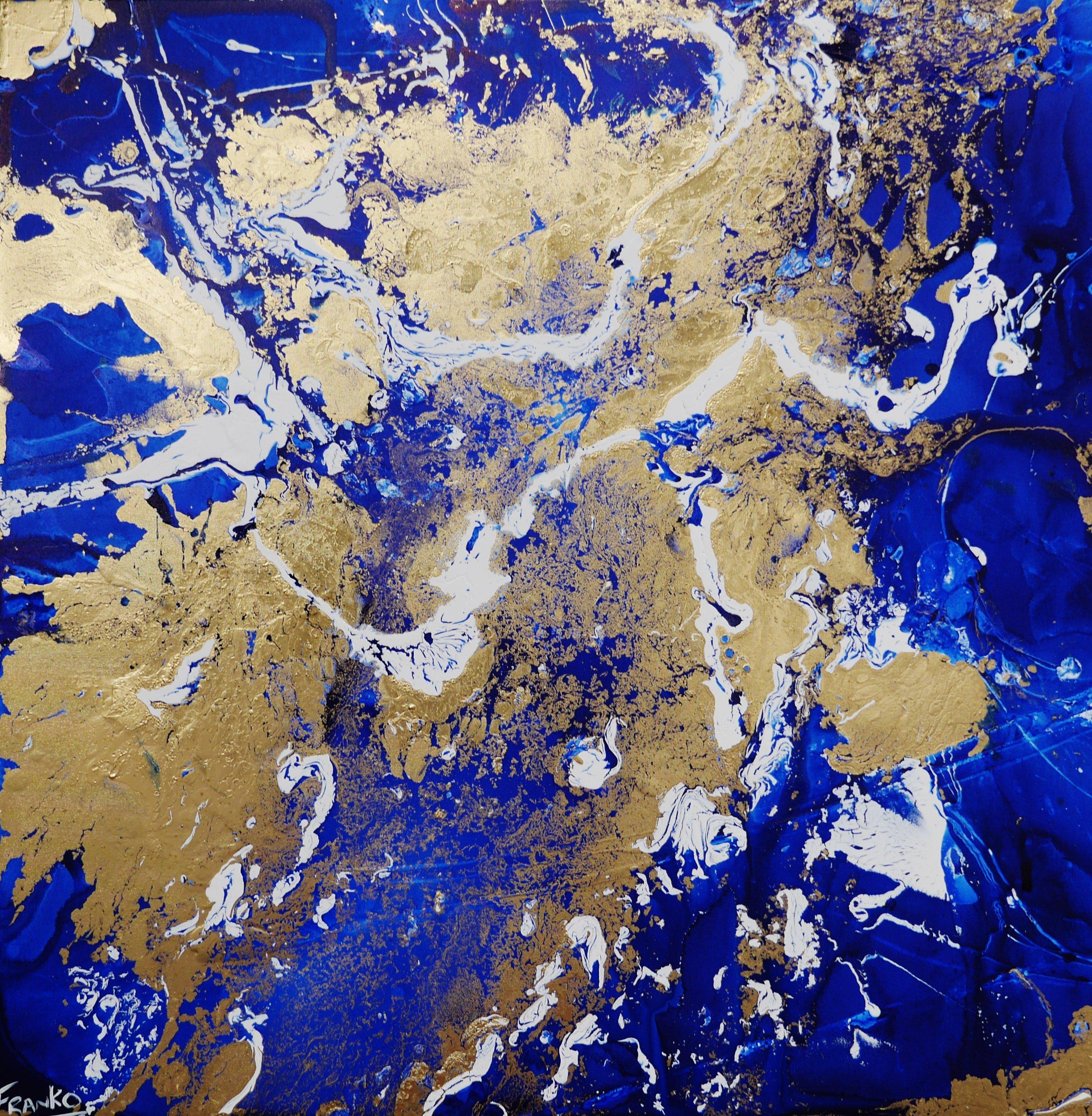 Fluid Gold 120x120cm Blue Metallic Gold Abstract Canvas Art - Modern Wall Decor for Living Room, Bedroom & Office