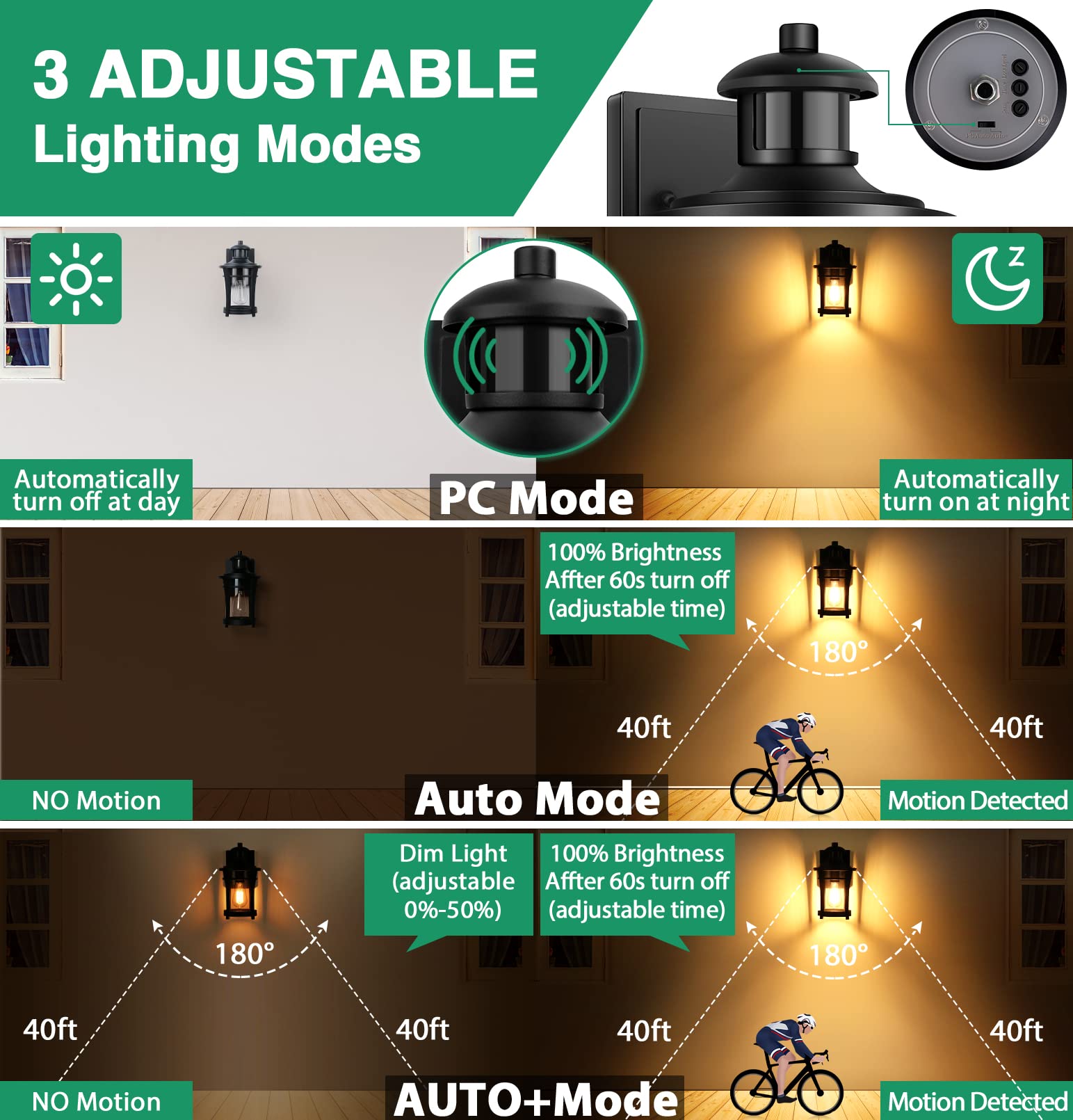2-Pack Motion Sensor Outdoor Lights - Dusk to Dawn Porch Lighting with 3 Modes, Waterproof Aluminum Wall Lantern for House Entryway - Perfect for Front Door, Garage, Patio, and Backyard Security Lighting