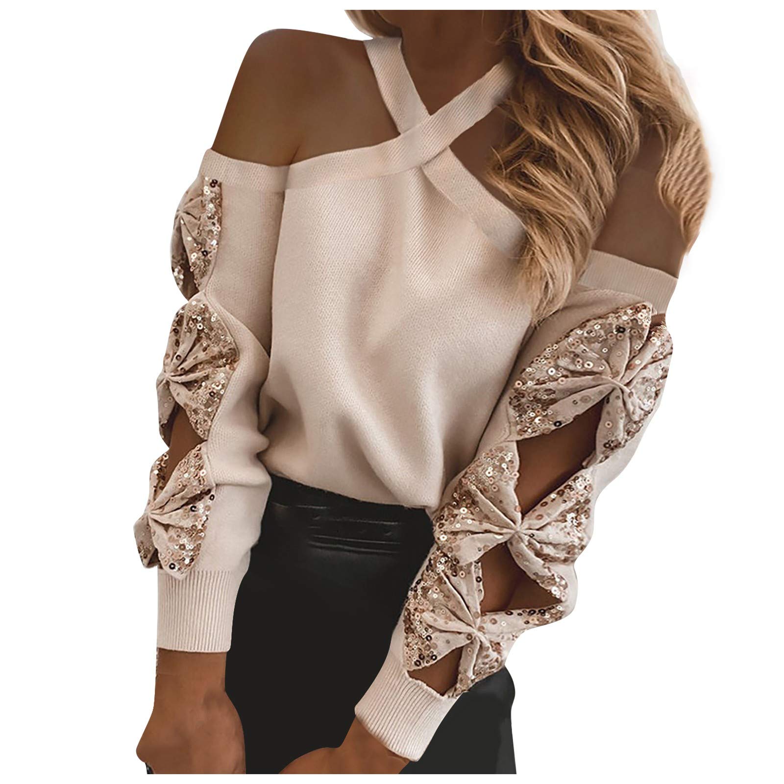 Women's Casual Long Sleeve Hollow-Out Blouse with Strapless Sequined Design - Perfect for Party, Date Night, and Evening Events