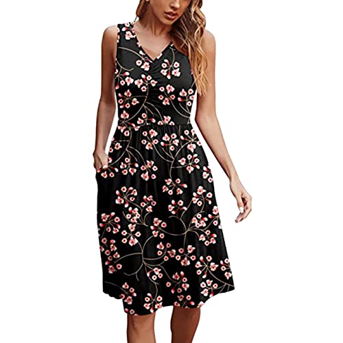 Women's Casual Summer Sleeveless V-Neck Printed Dress with Pockets - Slim Fit Sexy Black Tank Beach Dress (Black, Size S) | Perfect for Beach Vacations, Pool Parties & Summer Outings