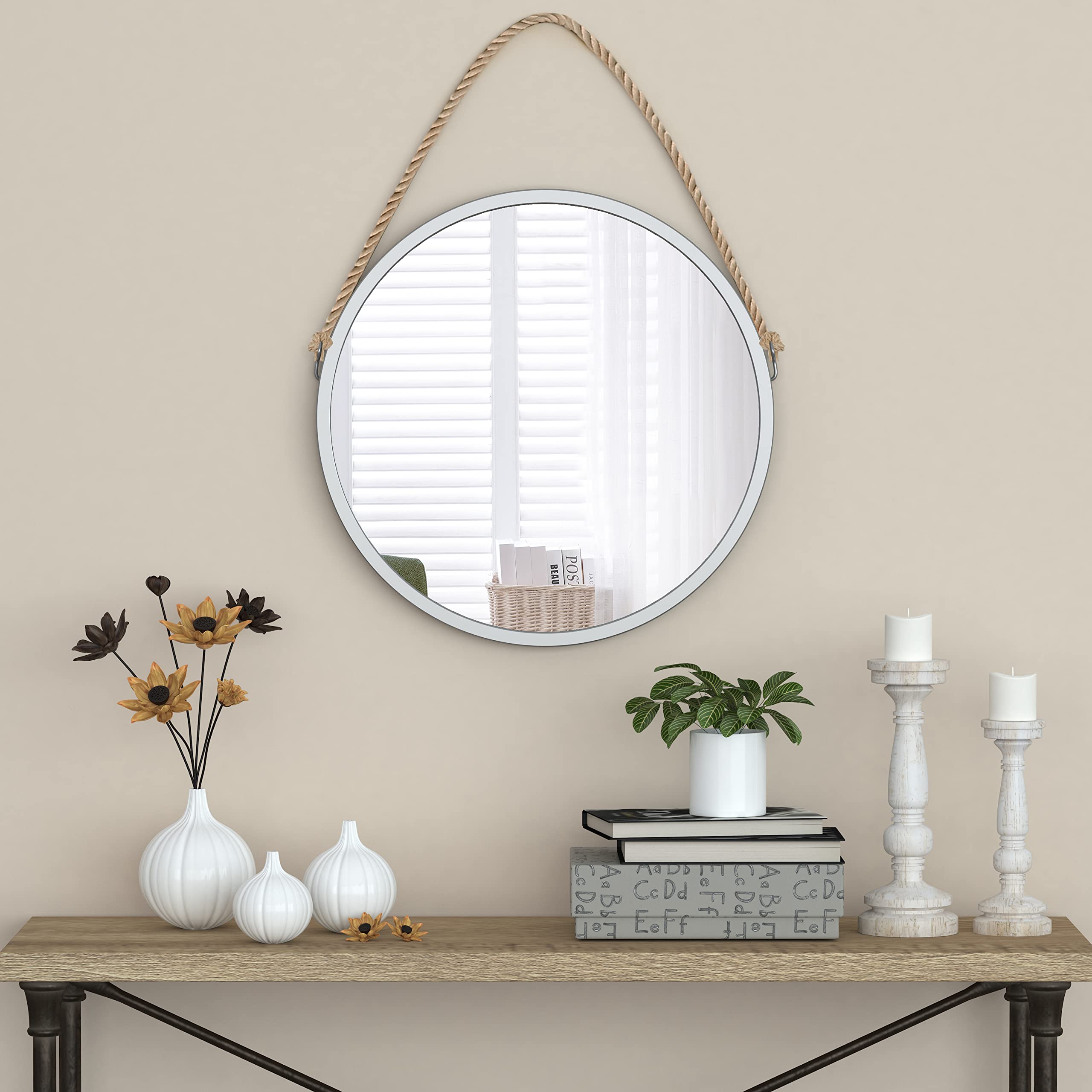 Vintage Silver Round Mirror with Rope Frame - Classic Wall Decor for Living Room, Bedroom & Entryway - Perfect for Home Decor, Interior Design & Farmhouse Style