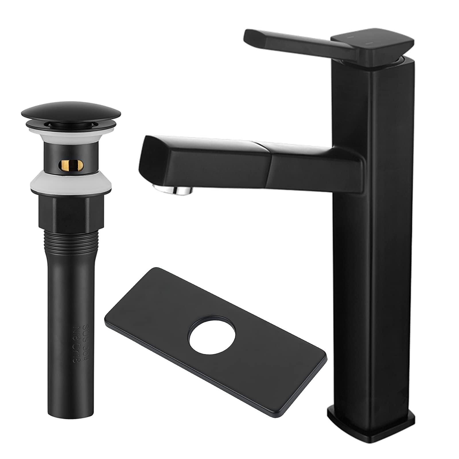 KAIYING Matte Black Pull Down Vessel Sink Faucet with Pop Up Drain - Tall Bathroom Sink Faucet with Overflow & 6