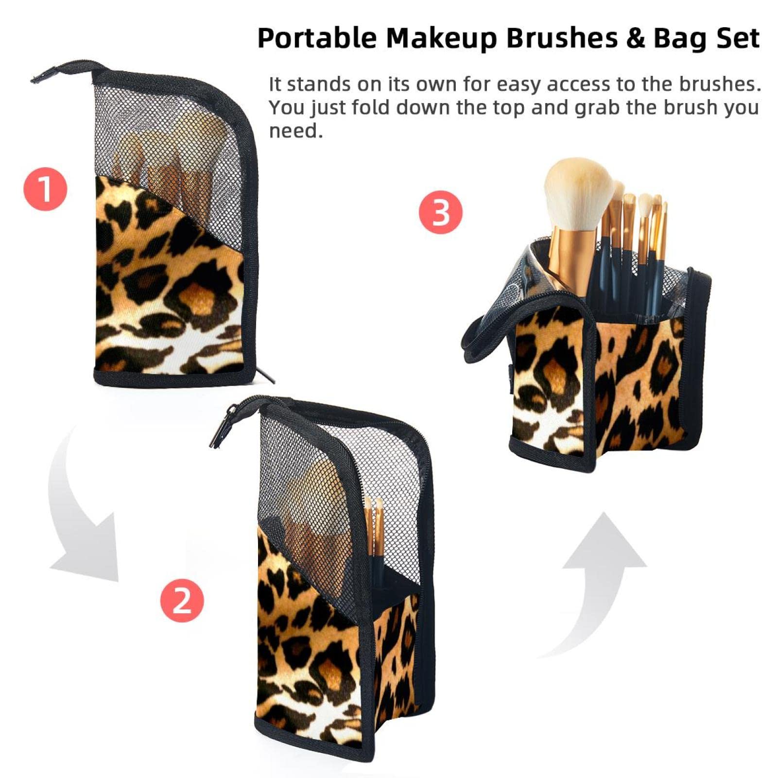 Premium 12-Piece Makeup Brush Organizer Bag with Leopard Print - Portable Cosmetic Brush Holder Case for Travel & Professional Makeup Artists