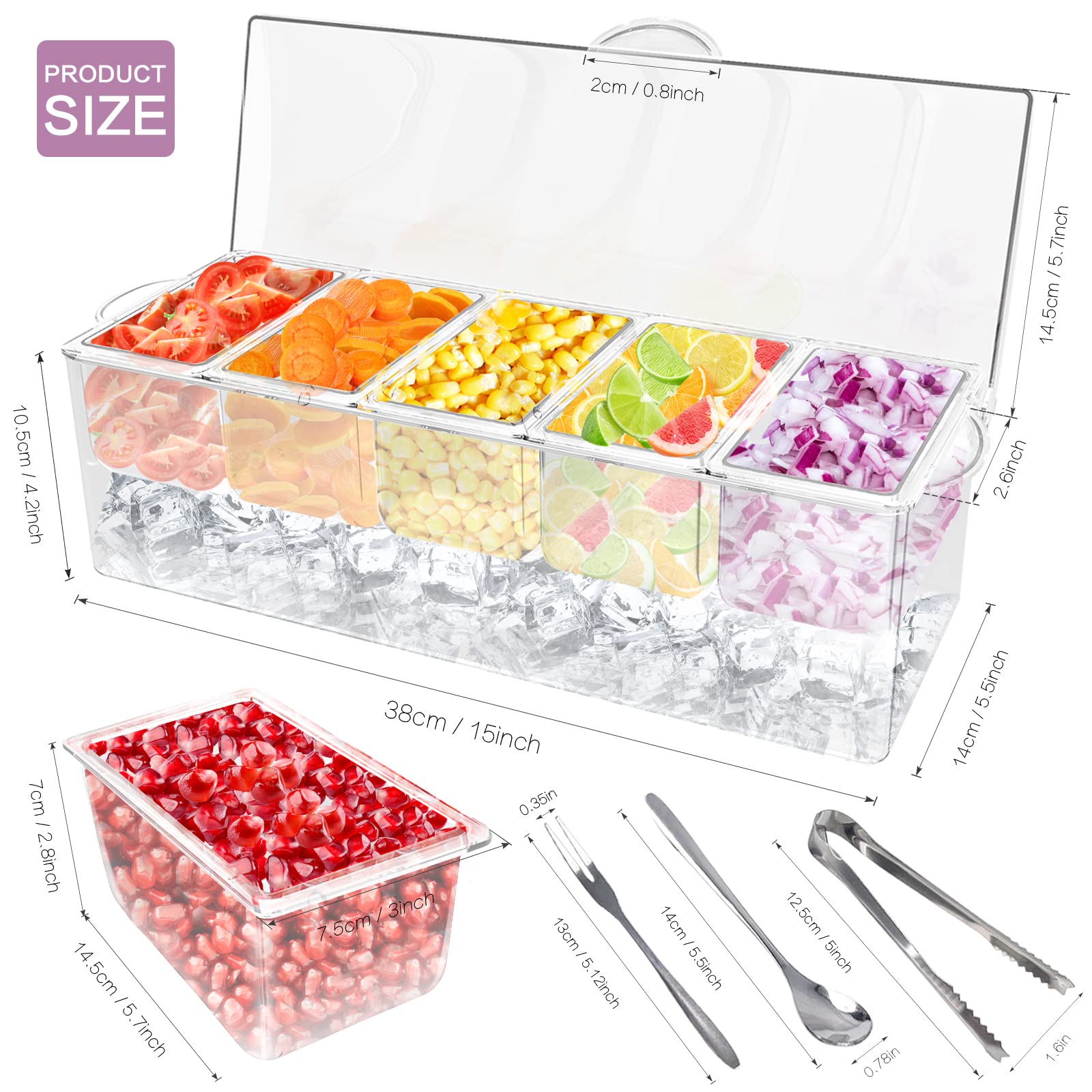 5-Compartment Condiment Server with Lid - Clear Ice Chilled Serving Tray for Parties, BBQs & Entertaining - Includes 5 Spoons, 5 Fruit Forks & 2 Tongs - Perfect for Dips, Sauces & Chilled Desserts