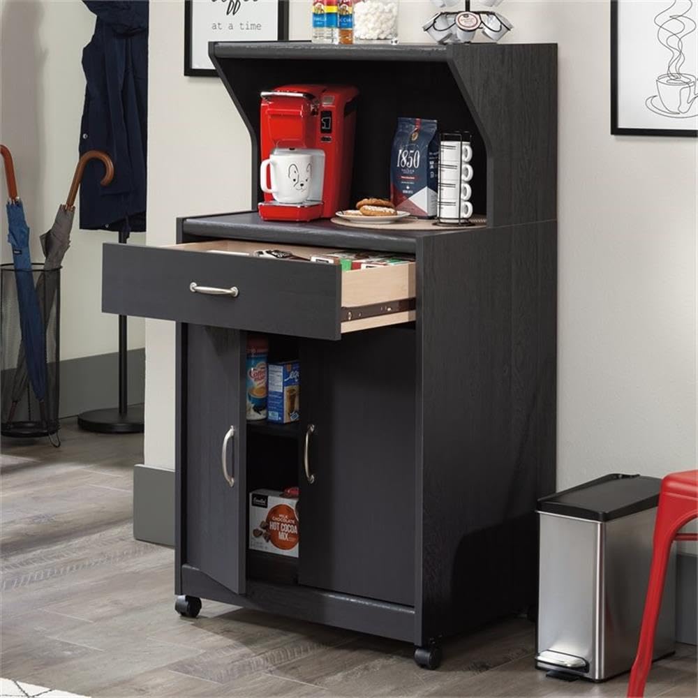 Pemberly Row Engineered Wood Microwave Kitchen Cart with Storage Shelf - Raven Oak Finish | Compact Rolling Kitchen Island for Small Spaces, Microwave Stand for Apartments & Dorm Rooms