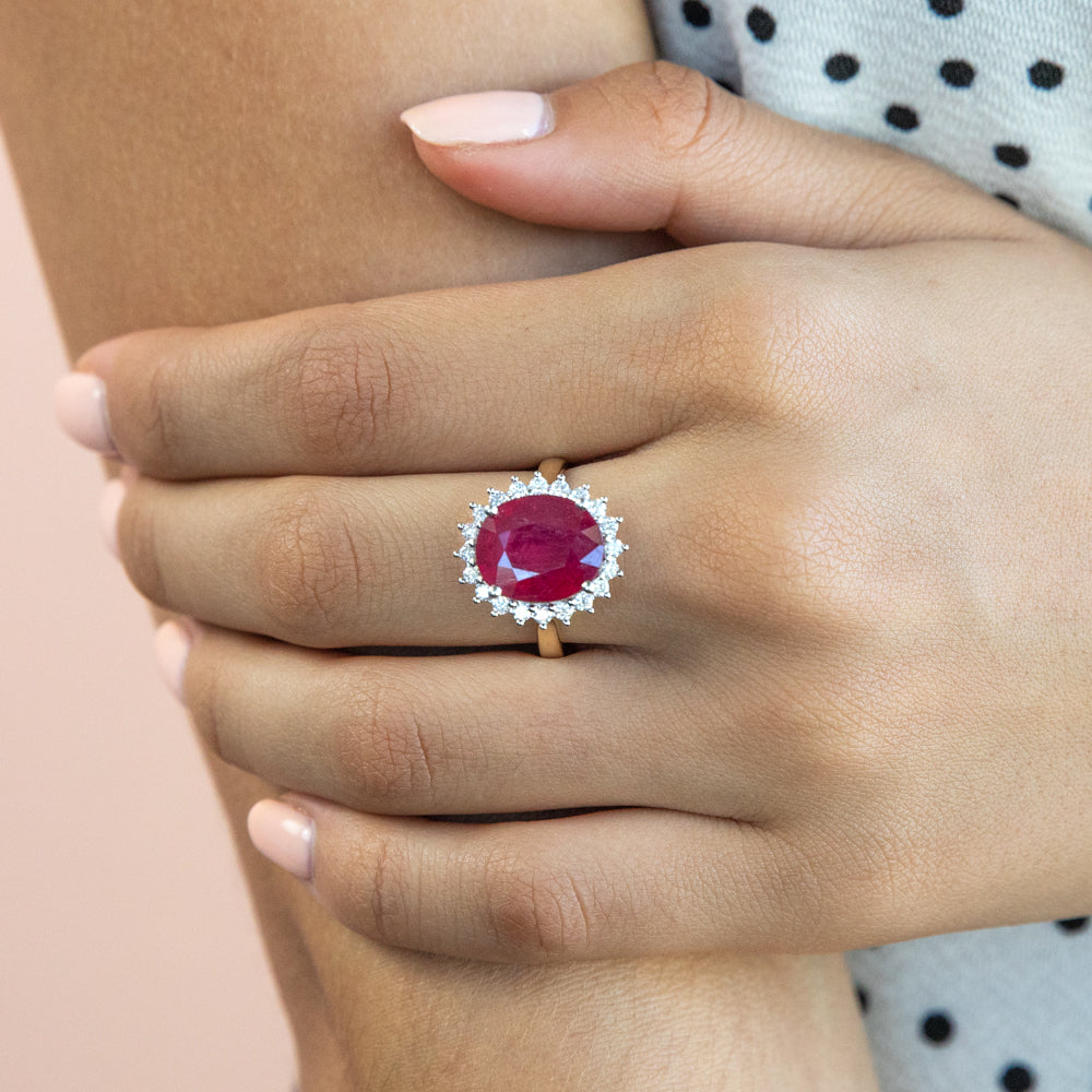 9ct Yellow Gold 8ct Natural Enhanced Ruby & 1/2 Carat Diamond Ring for Women - Elegant Wedding, Engagement & Anniversary Jewelry Gift