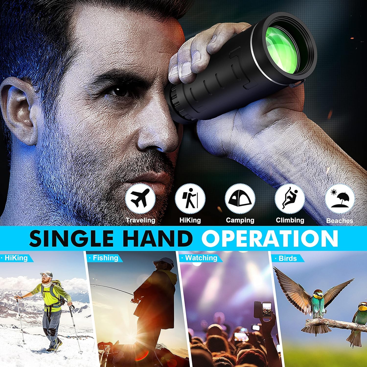 40x60 High Power Monocular Telescope with Smartphone Adapter - Compact & Lightweight for Low Light Viewing - Perfect for Wildlife Observation, Hunting, Camping, Travel & Outdoor Adventures - Ideal for Bird Watching, Hiking, Concerts and Sporting Events