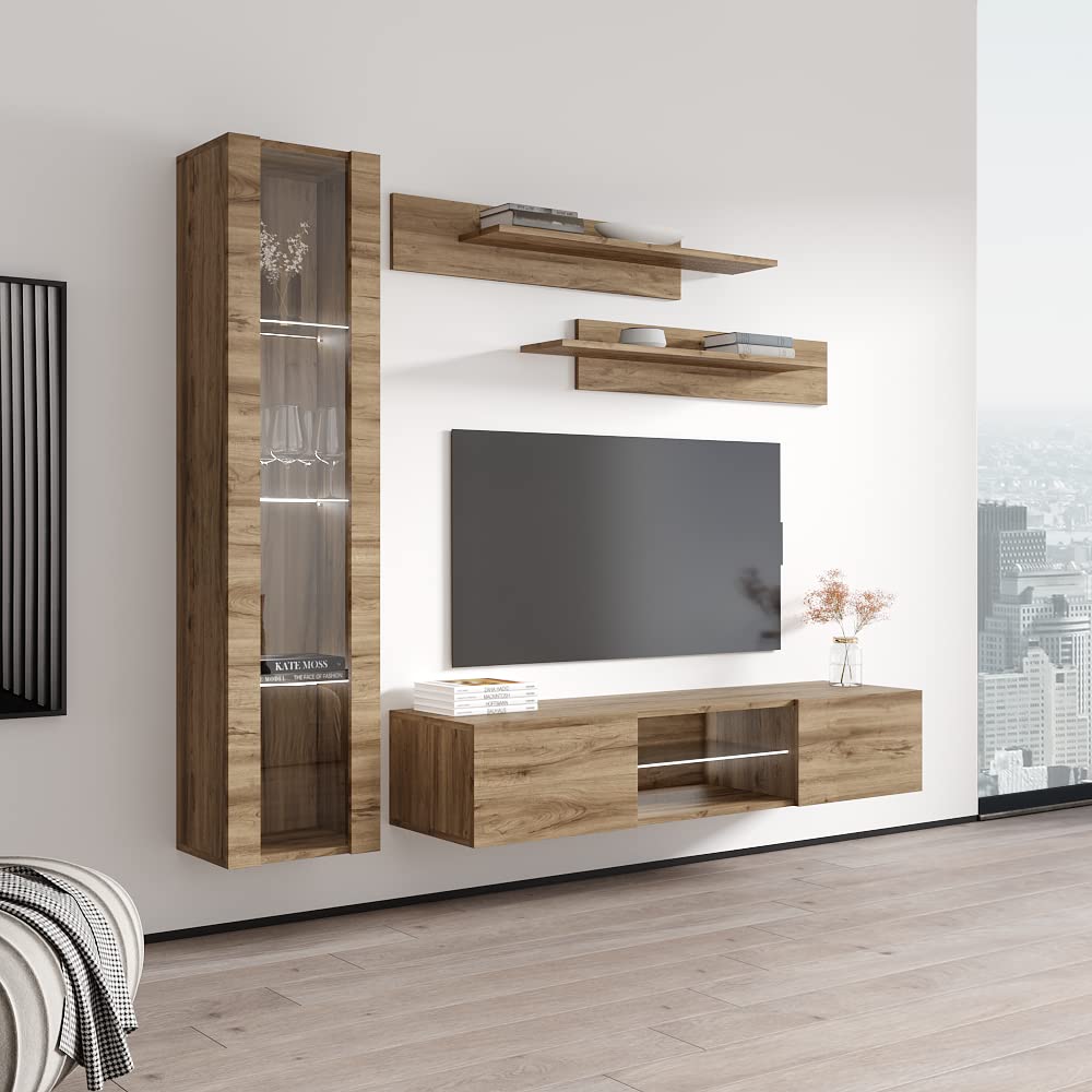Modern Oak Wall-Mounted TV Stand with Storage Shelves & LED Lights - Floating Entertainment Center for Bedroom & Living Room - Perfect for Small Spaces & Home Theater Setups - Meble Furniture Fly G2 33TV Stand