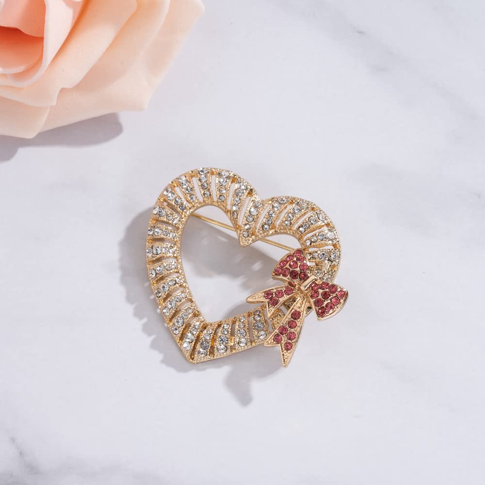 Valentine's Day Heart Brooch Gift Box - Gold Rhinestone Bow Jewelry for Women | Elegant Chocolate Box with Pave Rhinestones | Romantic Couples Gifts for Backpacks & Valentine's Day | Perfect for Anniversaries, Date Nights & Special Occasions