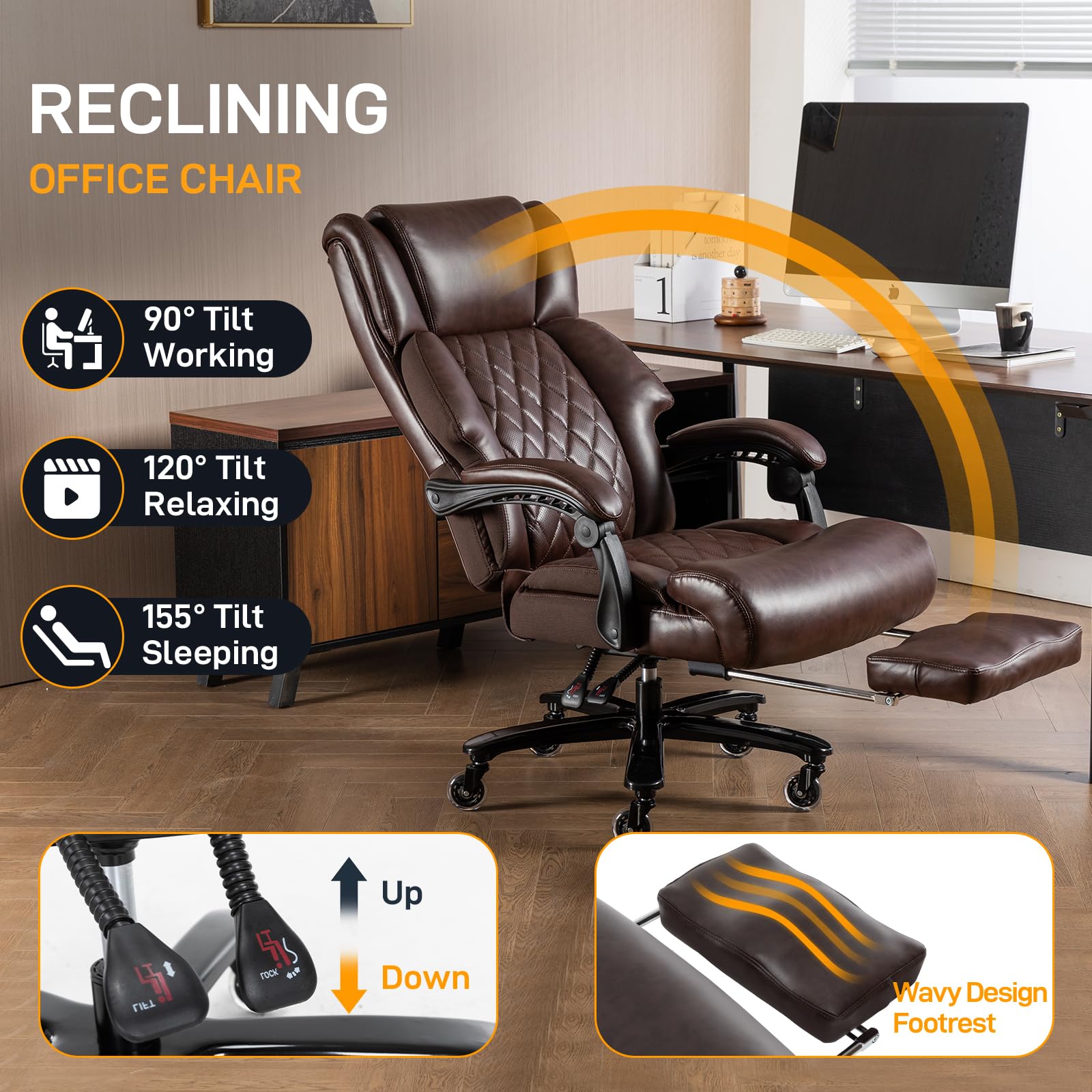 500 LBS Heavy Duty Big and Tall Office Chair with Adjustable Footrest - High Back Ergonomic Executive Chair for Heavy People - Reclining Computer Desk Chair for Home Office (Brown) - Perfect for Long Work Hours and Gaming Sessions