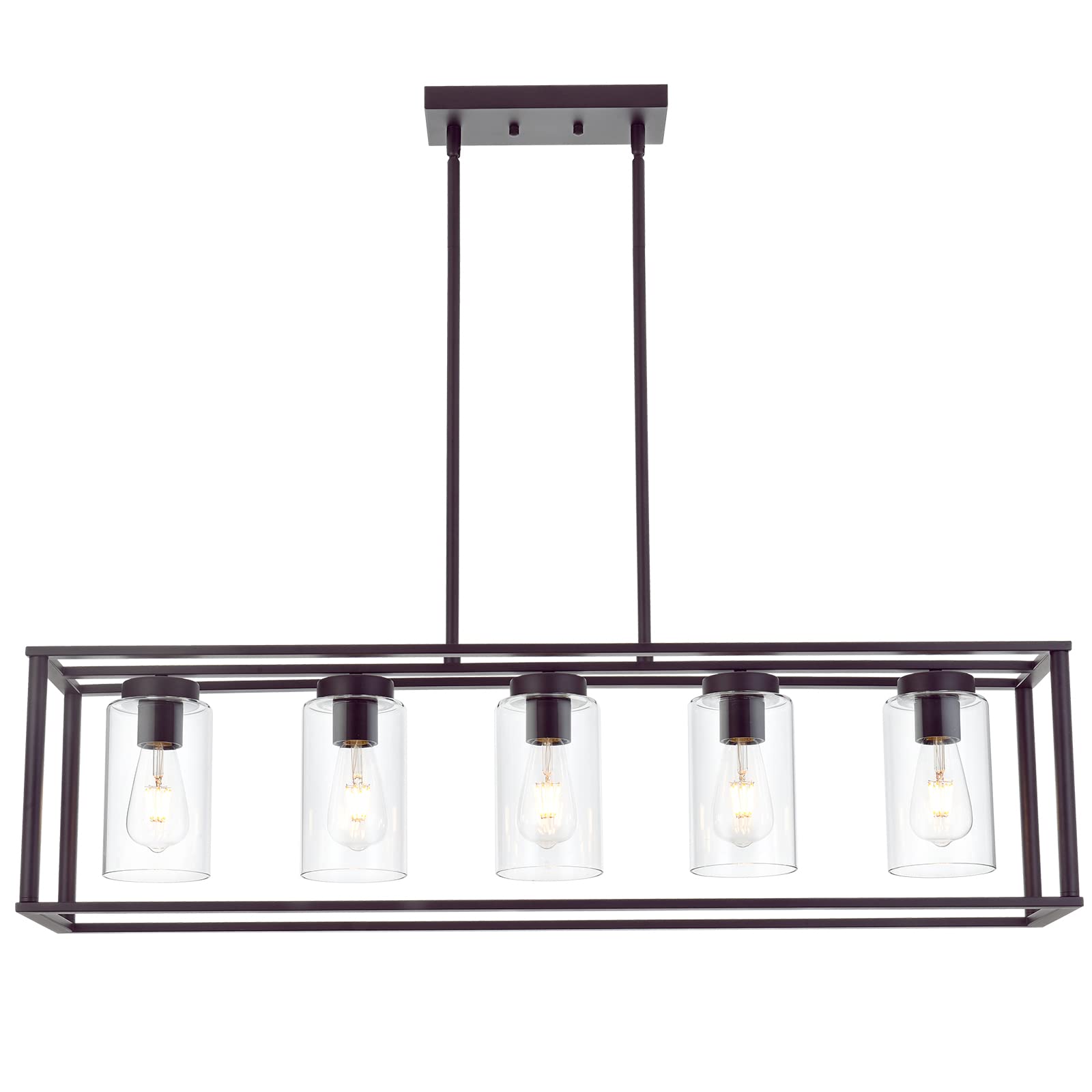 VINLUZ 5-Light Modern Linear Kitchen Island Chandelier - Oil Rubbed Bronze Cage Pendant Light with Clear Glass Shades - Farmhouse Ceiling Lighting Fixture for Dining Room, Living Room & Kitchen Island Decor